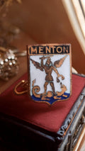 Broche blason ancienne Menton émail, badge vintage héraldique, pin's rétro