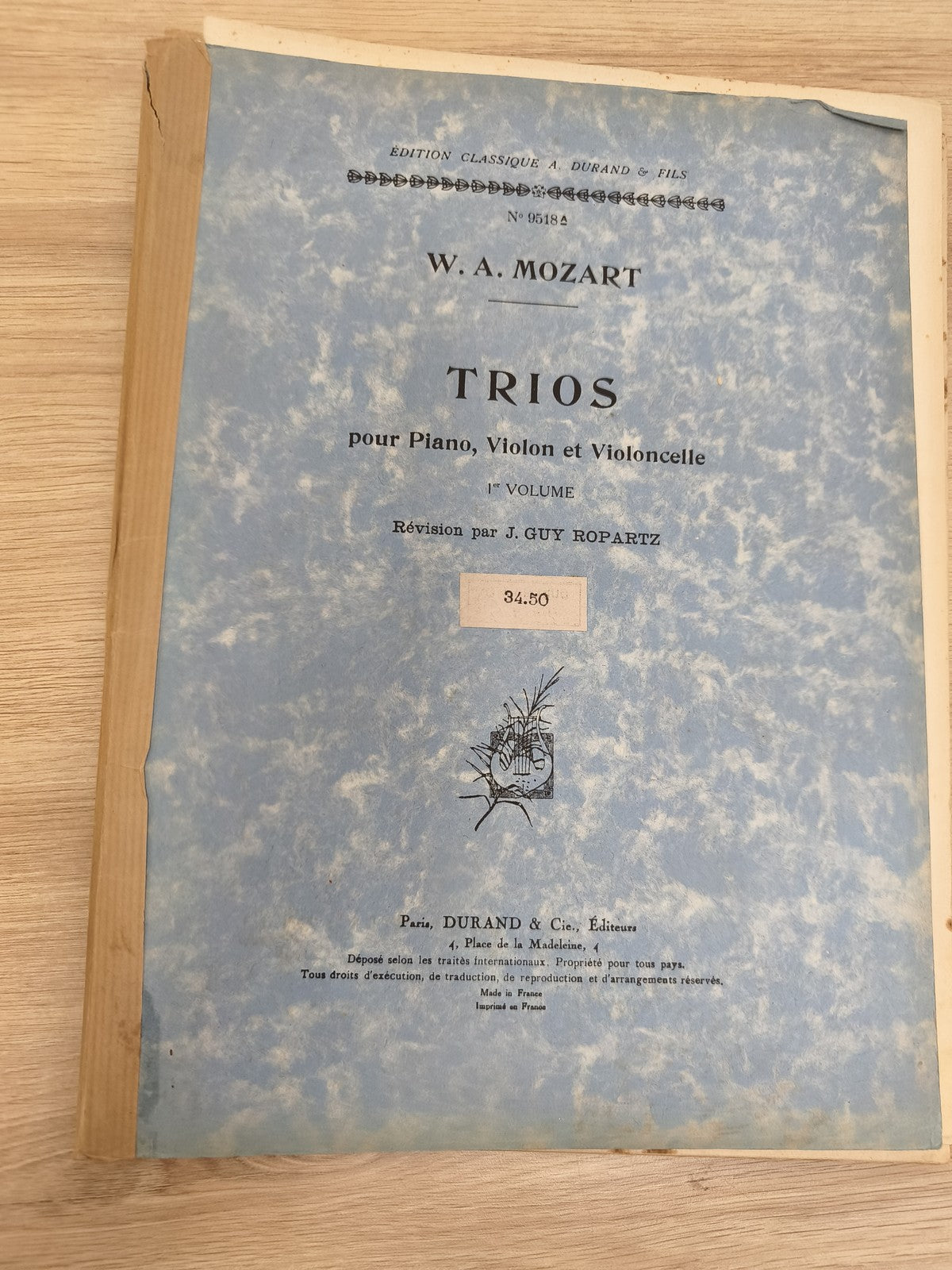 Ancien livre partitions Mozart trios piano violon violoncelle Durand vintage