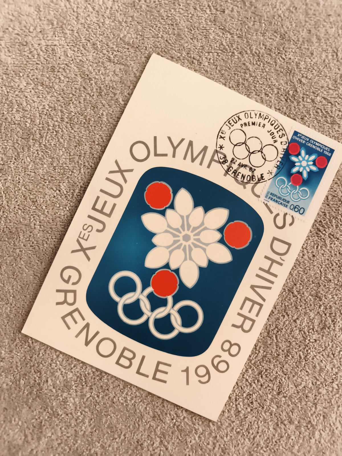 Carte Premier Jour Jeux Olympiques Grenoble 1968 timbre 0,60 philatélie