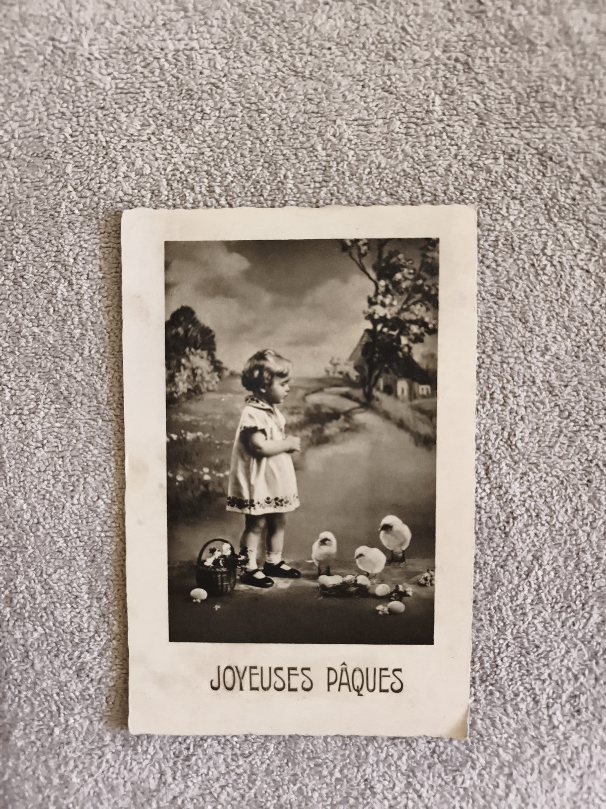 CPA Joyeuses Pâques fillette poussins photo noir et blanc carte postale ancienne