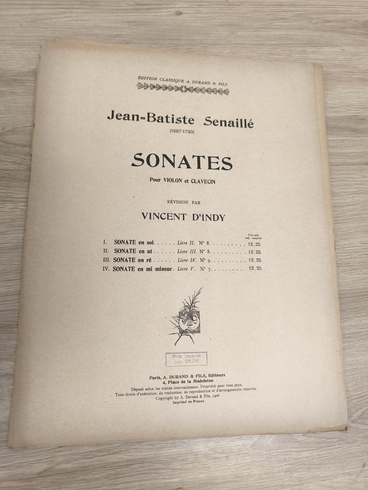 Ancien livre partitions Senaille violon piano révision Vincent d'Indy Durand