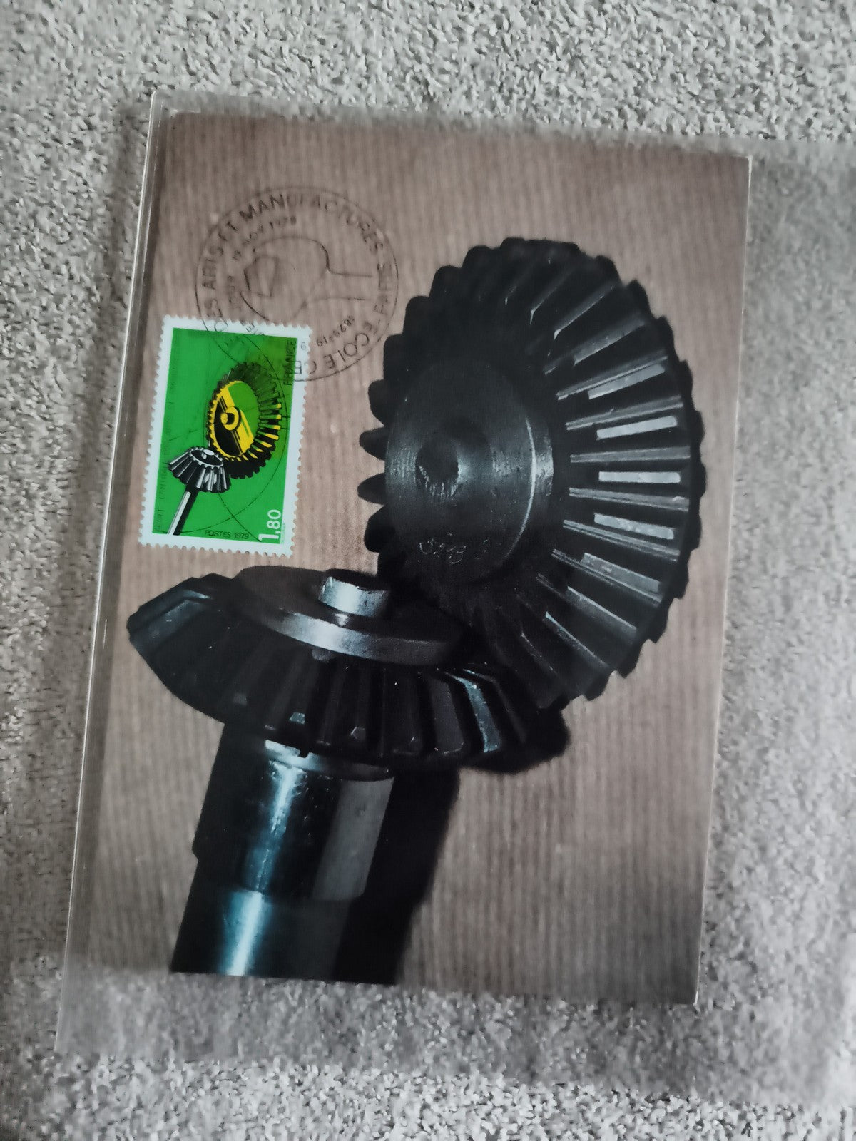 Carte postale oblitérée philatélie engrenage mécanique timbre 1,80 vert (Ref 27)
