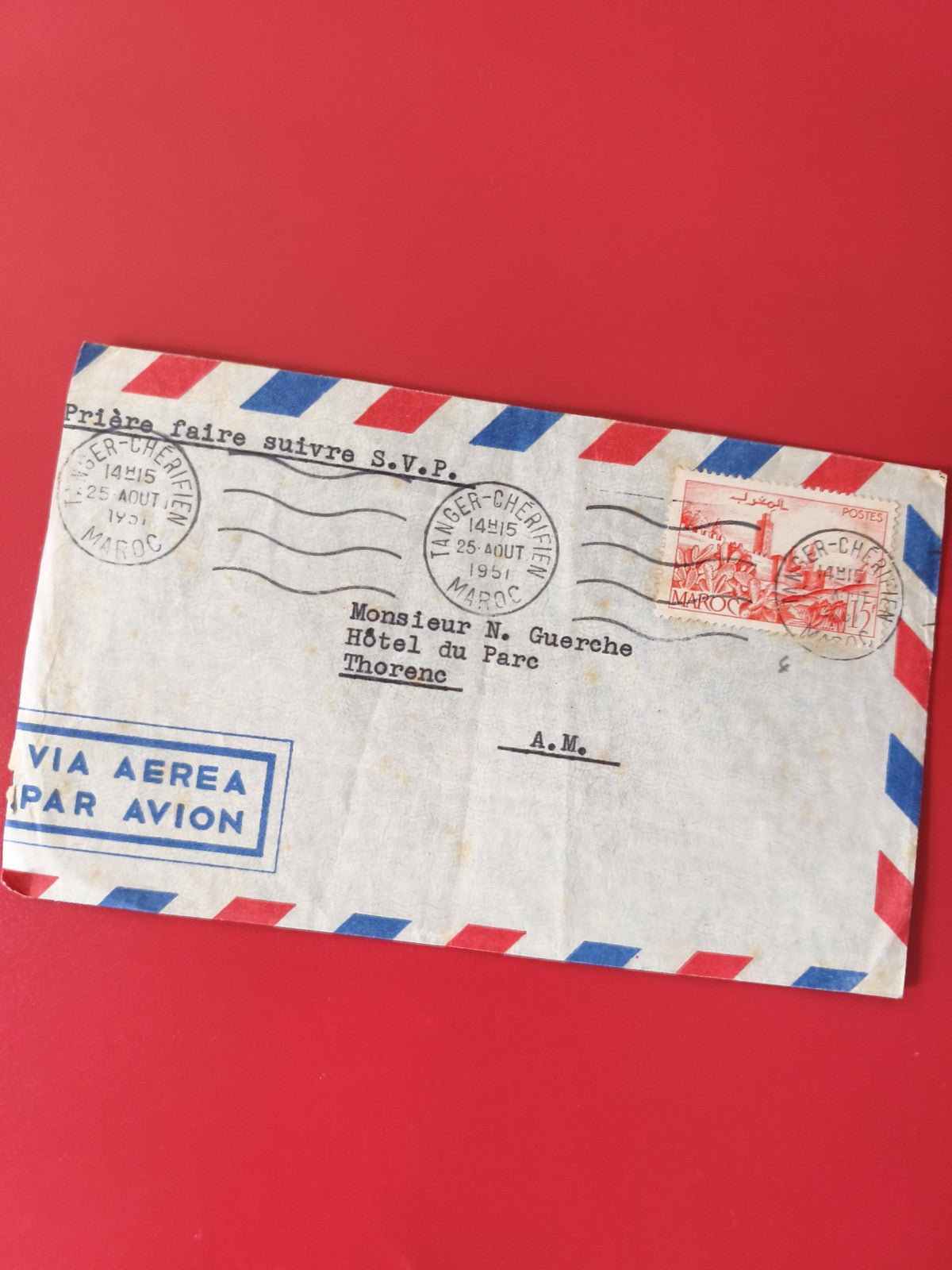 Enveloppe philatélie avion affranchie Maroc 1951 cachets Tangier décor tricolore