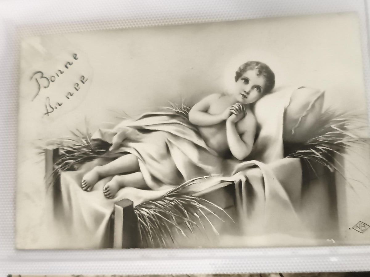 Carte postale ancienne Bonne Année Jésus enfant lit paille illustration religieu
