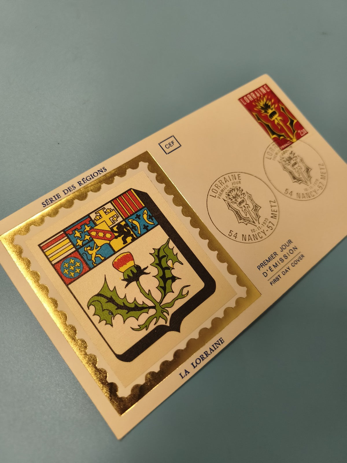 Enveloppe FDC Premier Jour Lorraine blason doré et timbre régional philatélie
