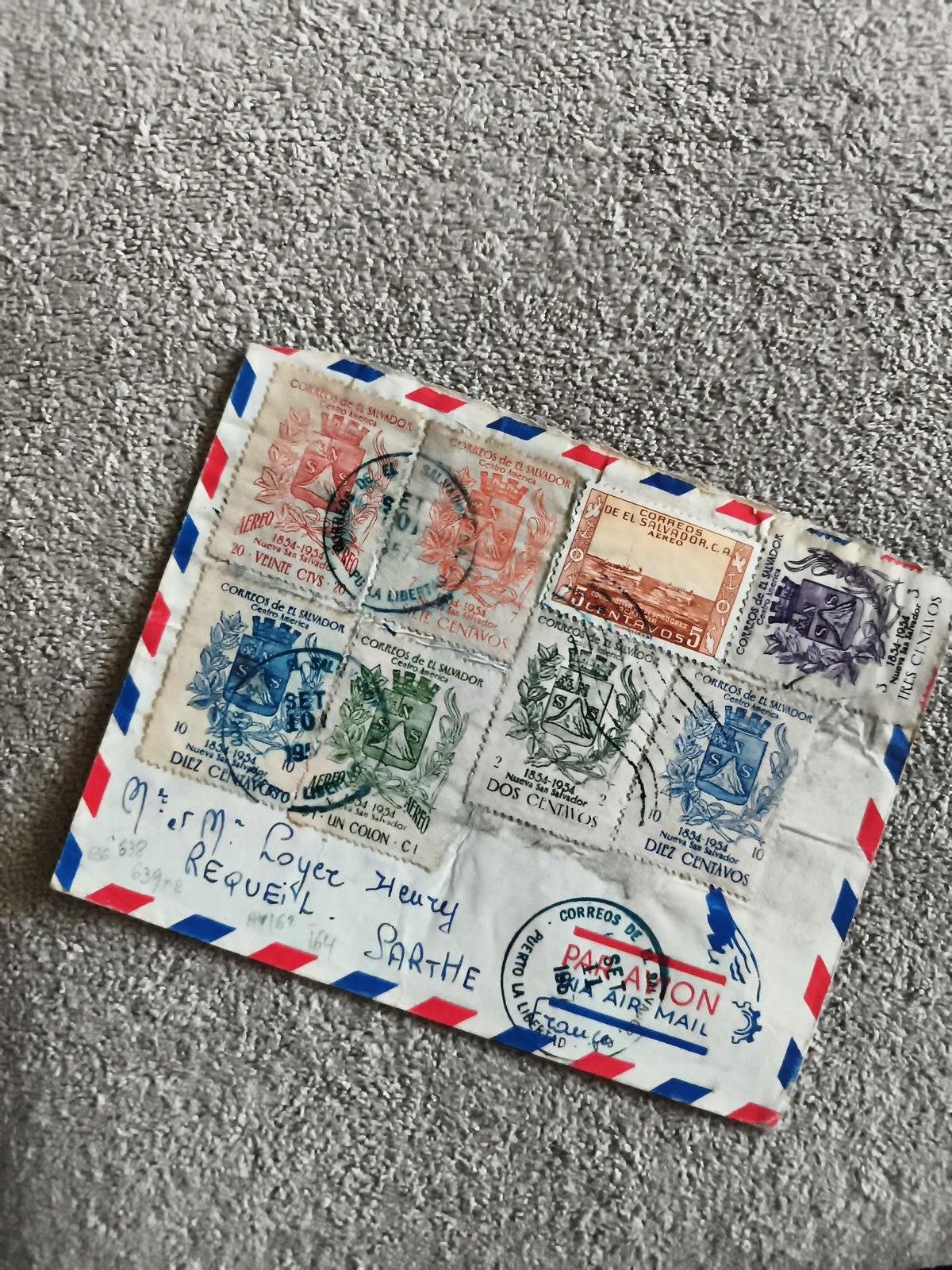 Lettre aérienne Salvador 1954 timbres commémoratifs oblitérés philatélie
