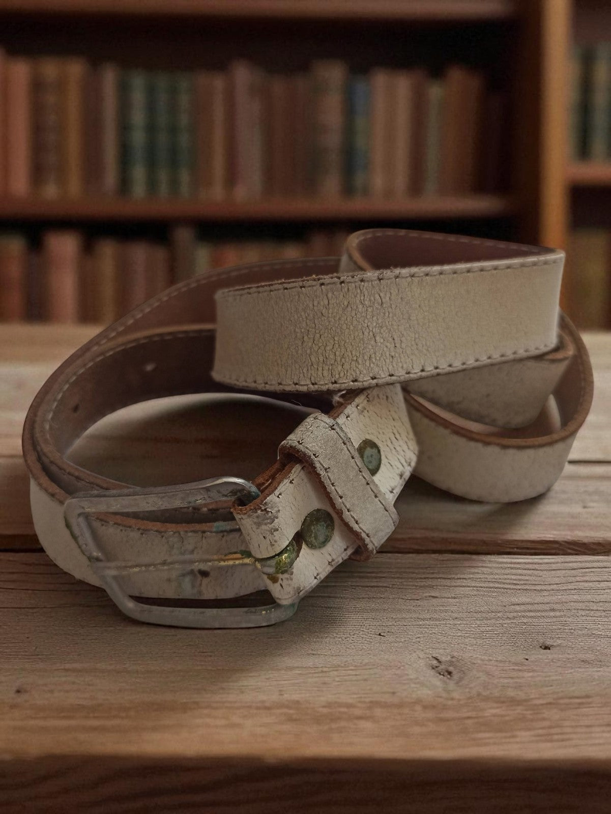 Ceinture homme vintage cuir blanc Yves boucle métal ancien rétro France
