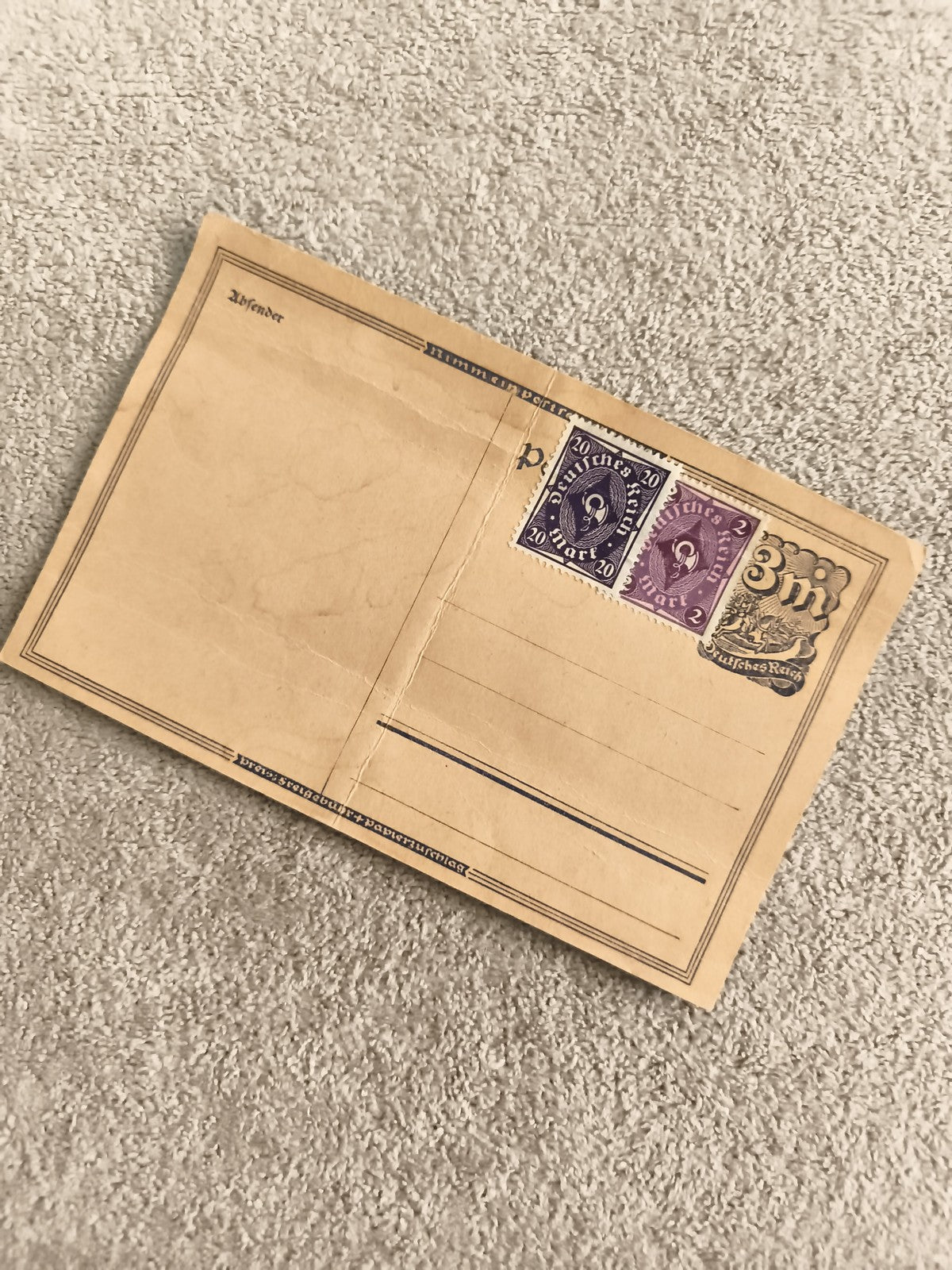 Carte postale timbrée Deutsches Reich 3m + 20pf philatélie Allemagne