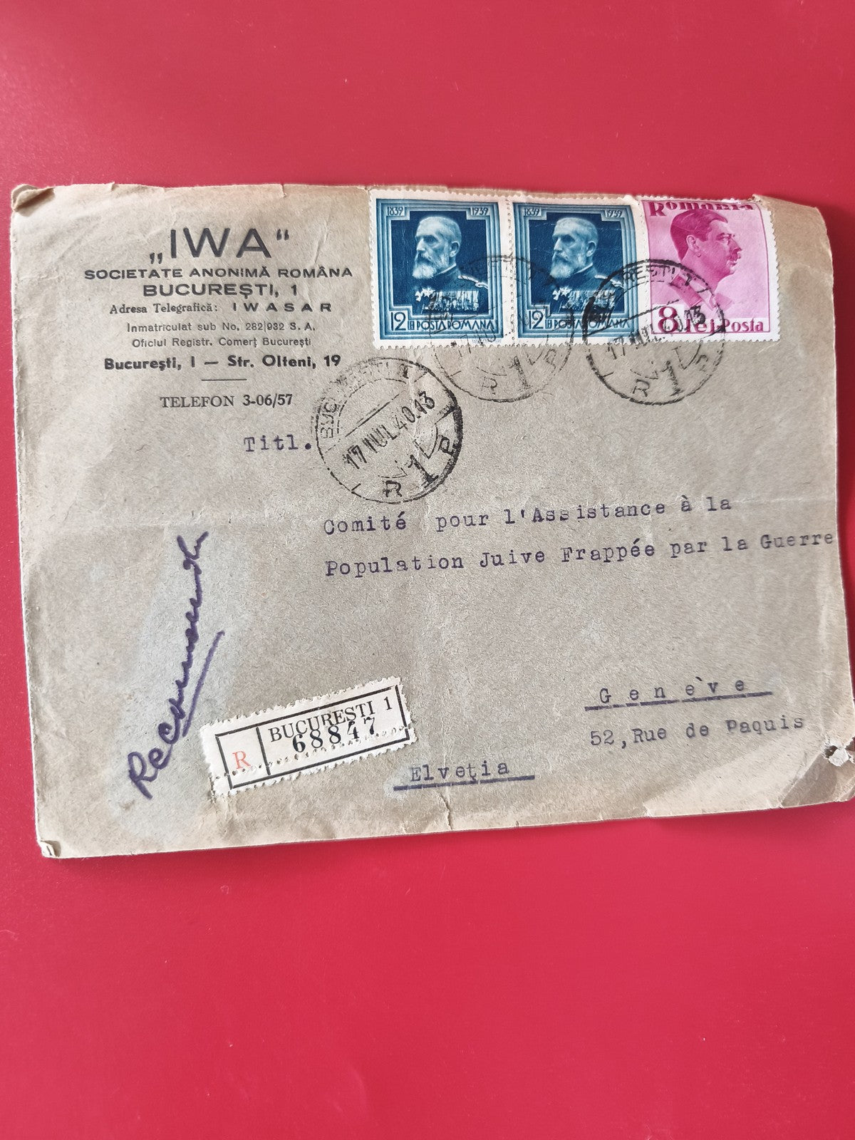 Enveloppe philatélie Bucarest timbres Roumanie oblitérés recommandée