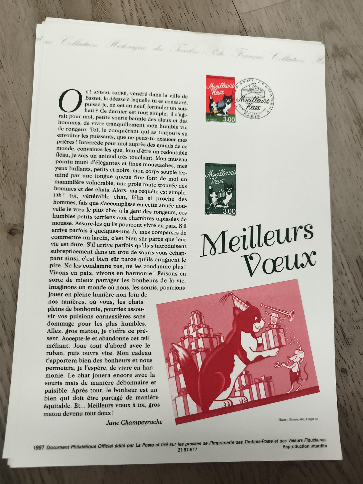 Feuillet philatélique Meilleurs Vœux 1997 timbres France chat souris