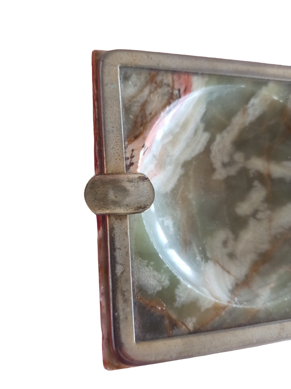 Cendrier carré Art Déco en onyx vert et métal, vintage, vide poche ancien