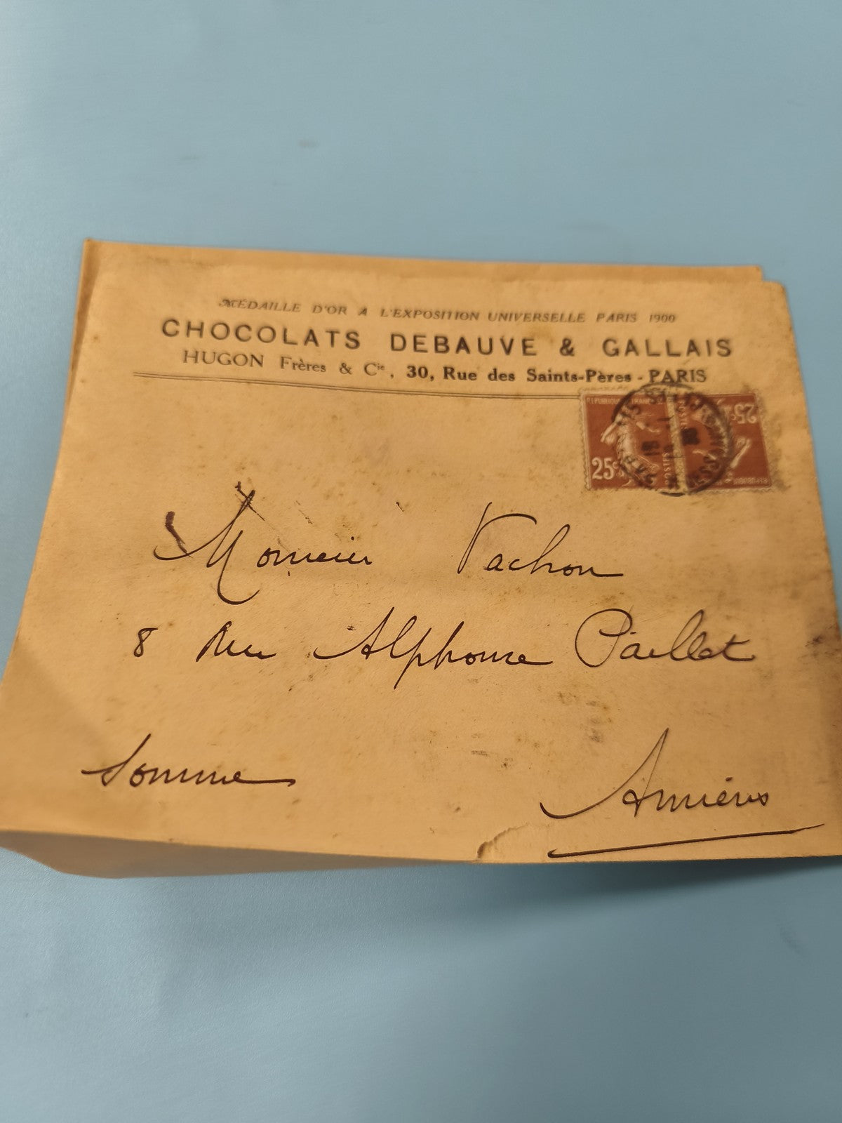 Ancienne enveloppe Chocolats Debauve & Gallais timbres oblitérés Paris philatéli
