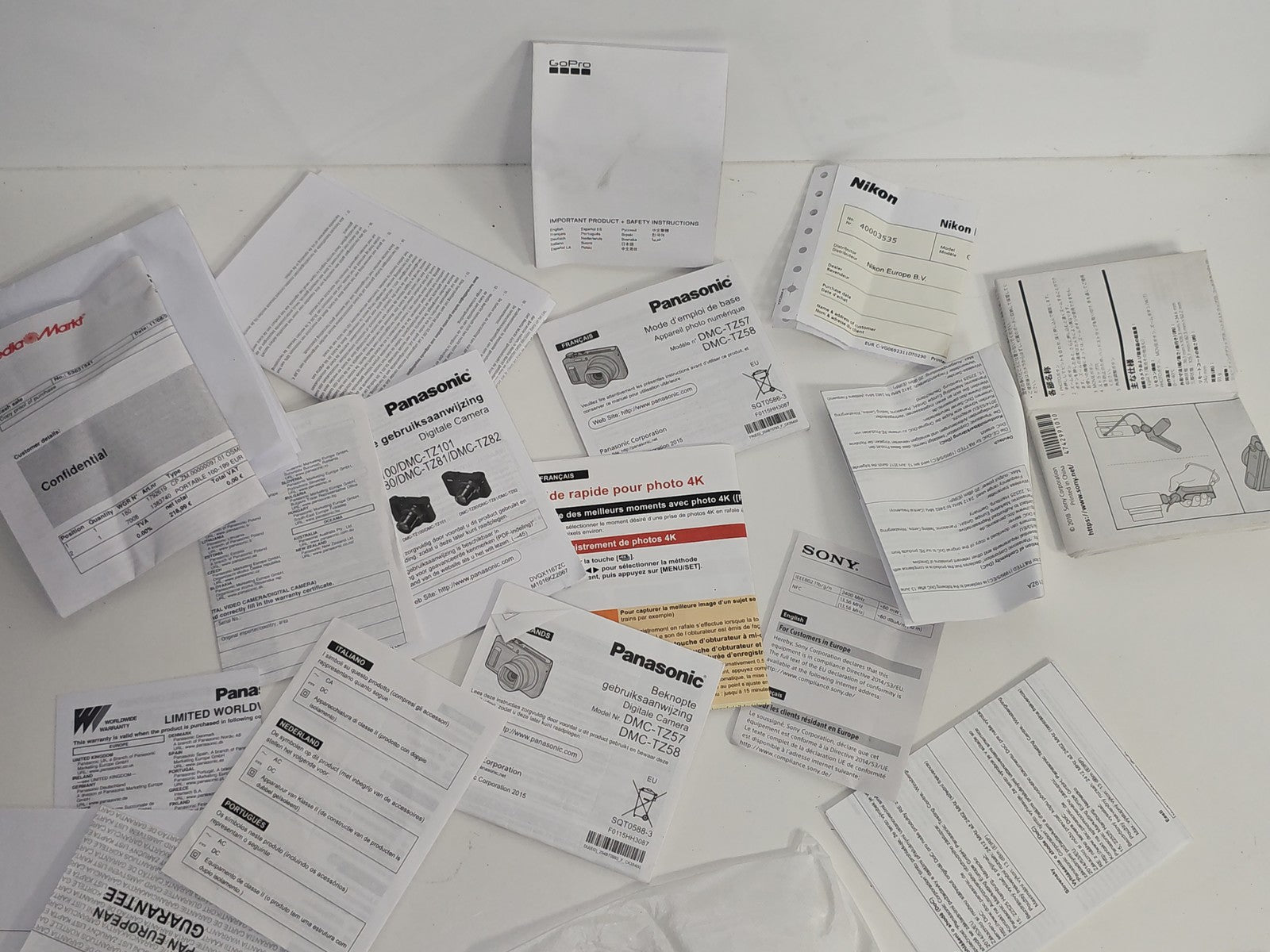 Lot notices et factures appareils photo Sony Nikon Panasonic, documents originau