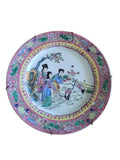 Assiette porcelaine chinoise décor femmes oiseaux émaillée rose jaune