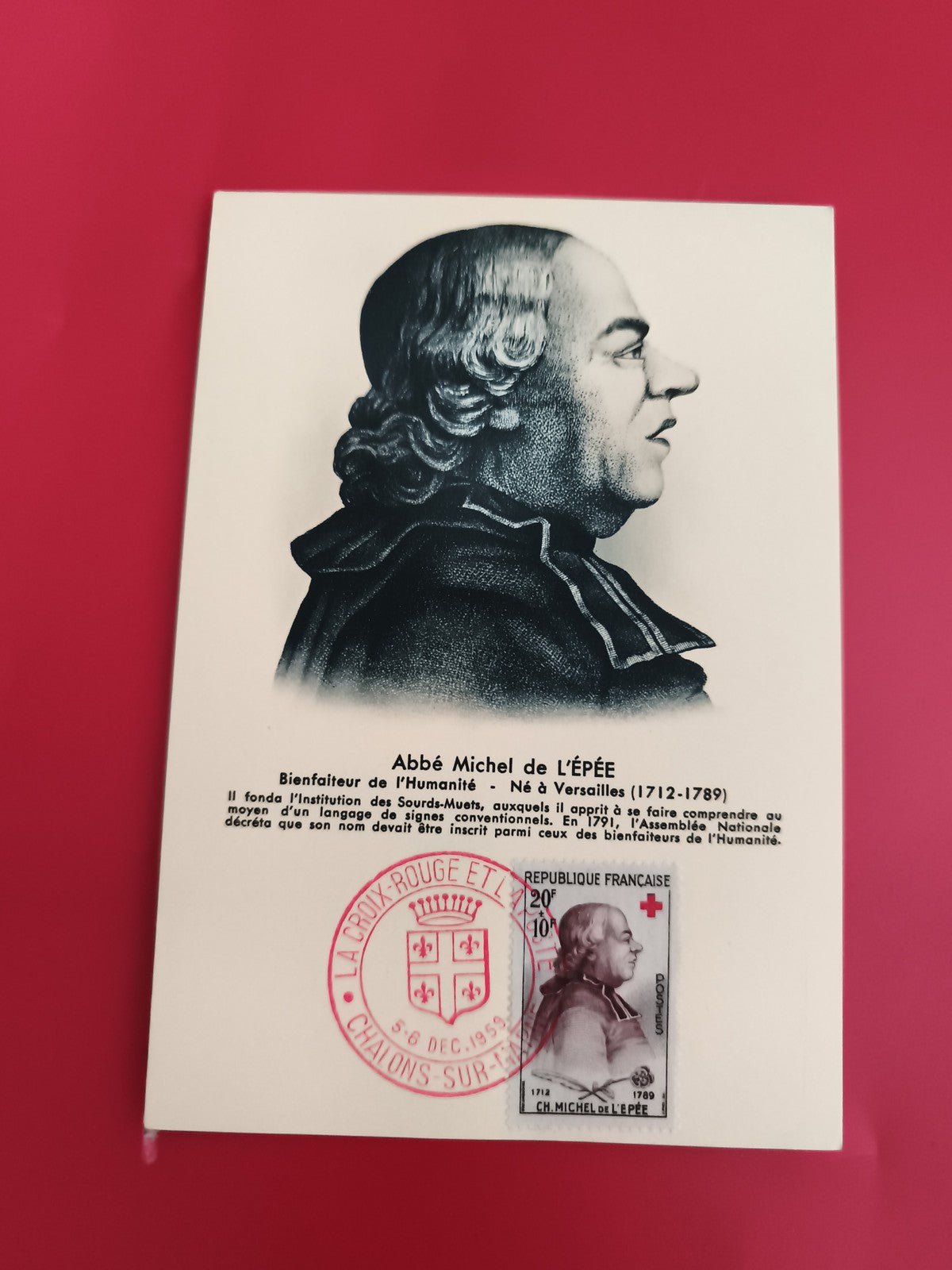 Carte maximum Abbé de l'Épée Croix-Rouge 1955 philatélie Châlons-sur-Marne