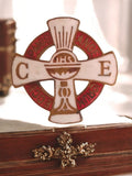 Broche religieuse vintage émaillée Panis Ange Lorum Ecce IHS blanc rouge