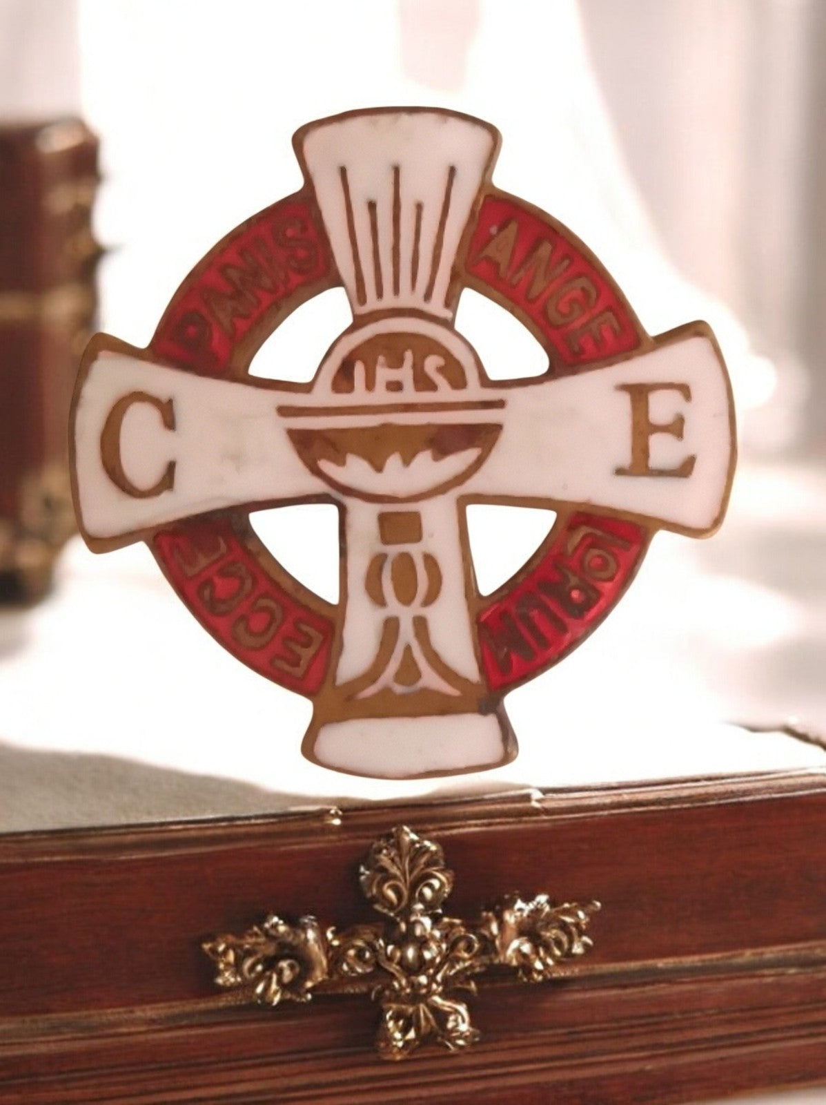 Broche religieuse vintage émaillée Panis Ange Lorum Ecce IHS blanc rouge
