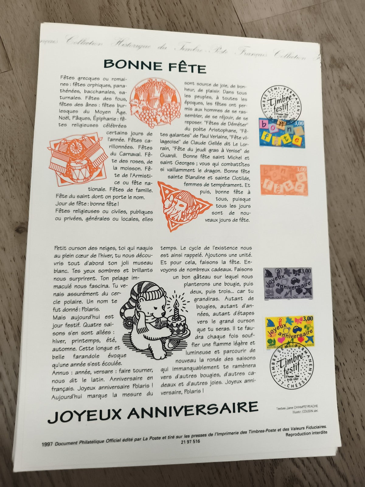 Feuillet philatélique La Poste 1997 Bonne Fête Anniversaire, timbres illustrés
