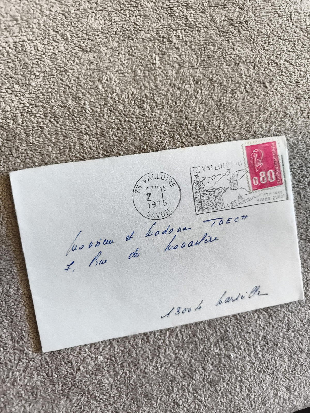 Lettre oblitérée Valloire 1975 timbre Marianne 0,80 Savoie philatélie