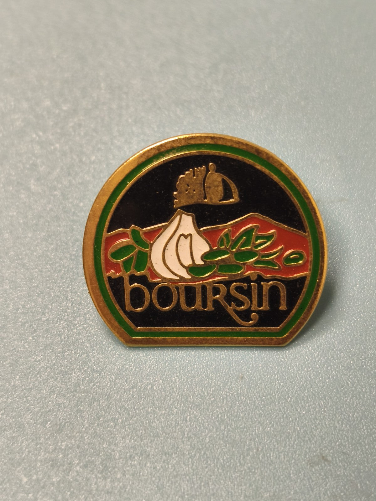 Vintage pin's publicitaire Boursin émaillé, logo ail, collection badge ancien