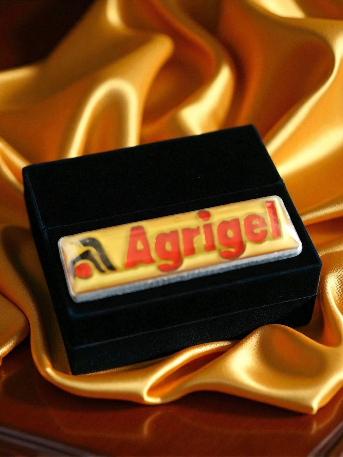 Pin's publicitaire vintage édition limitée Agrigel logo jaune rouge rectangulair
