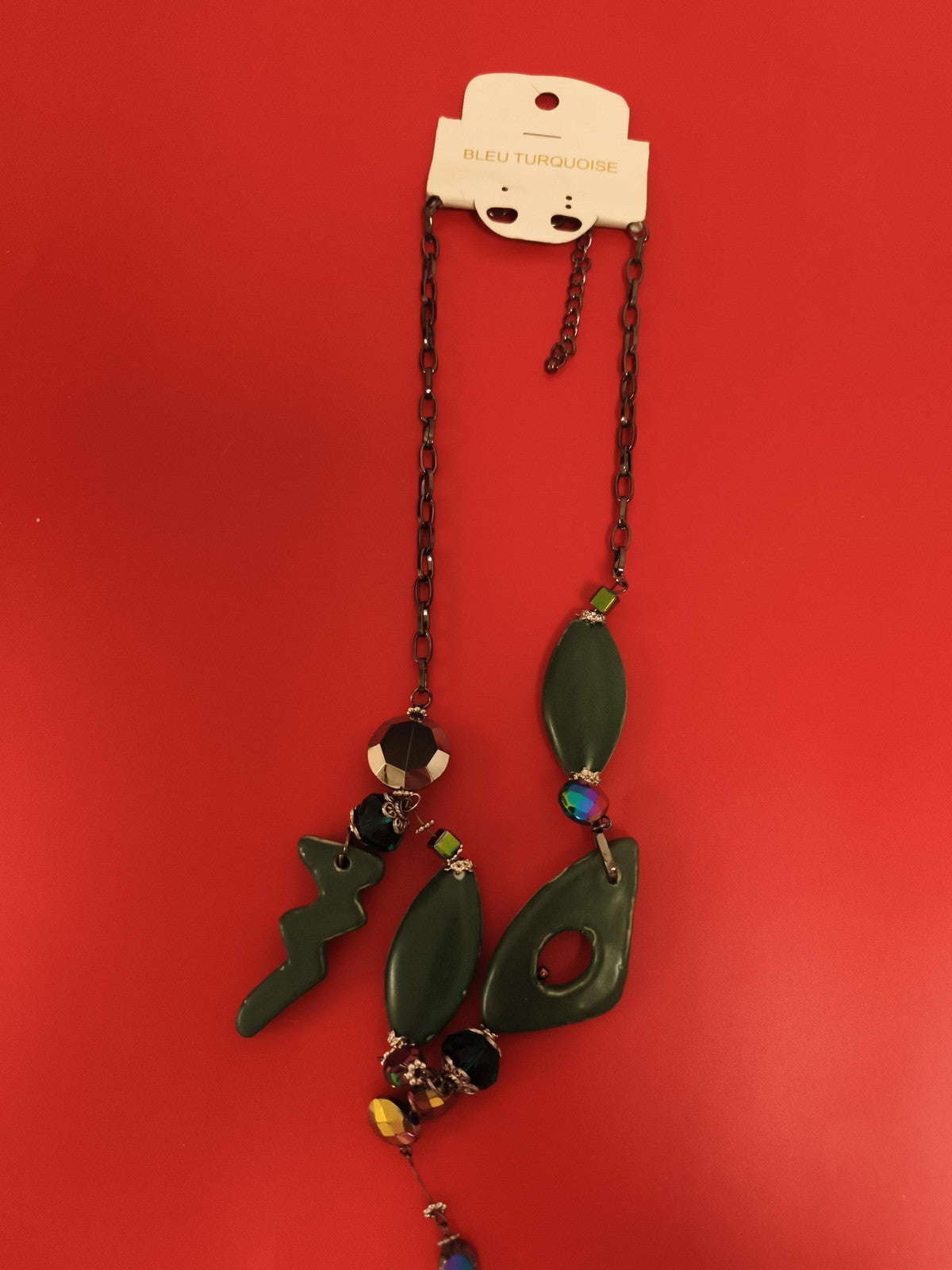 Collier fantaisie vintage Bleu Turquoise pendentifs verts perles deadstock