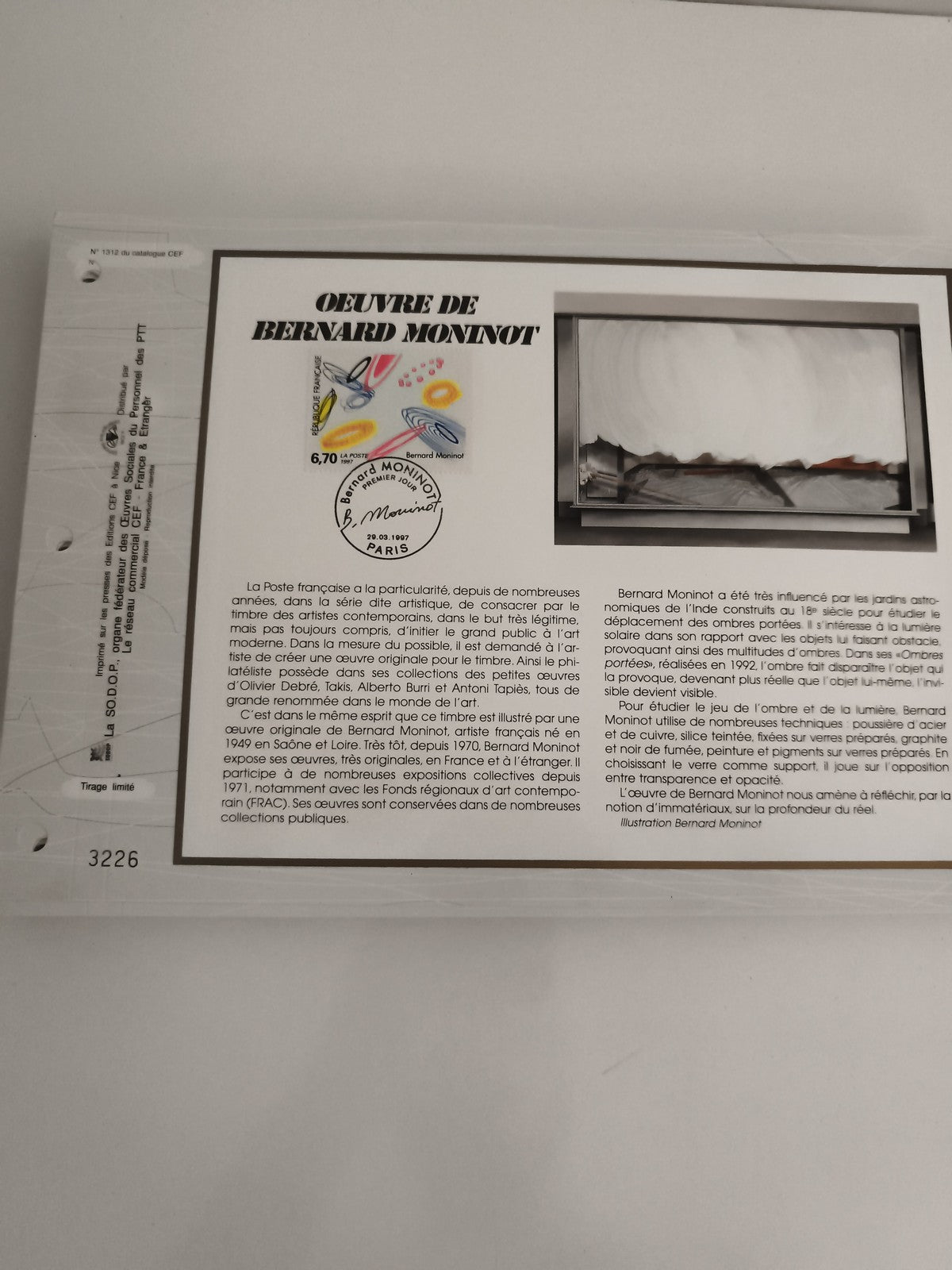 Feuillet CEF Œuvre Bernard Moninot 6,70 F timbre oblitéré illustration art