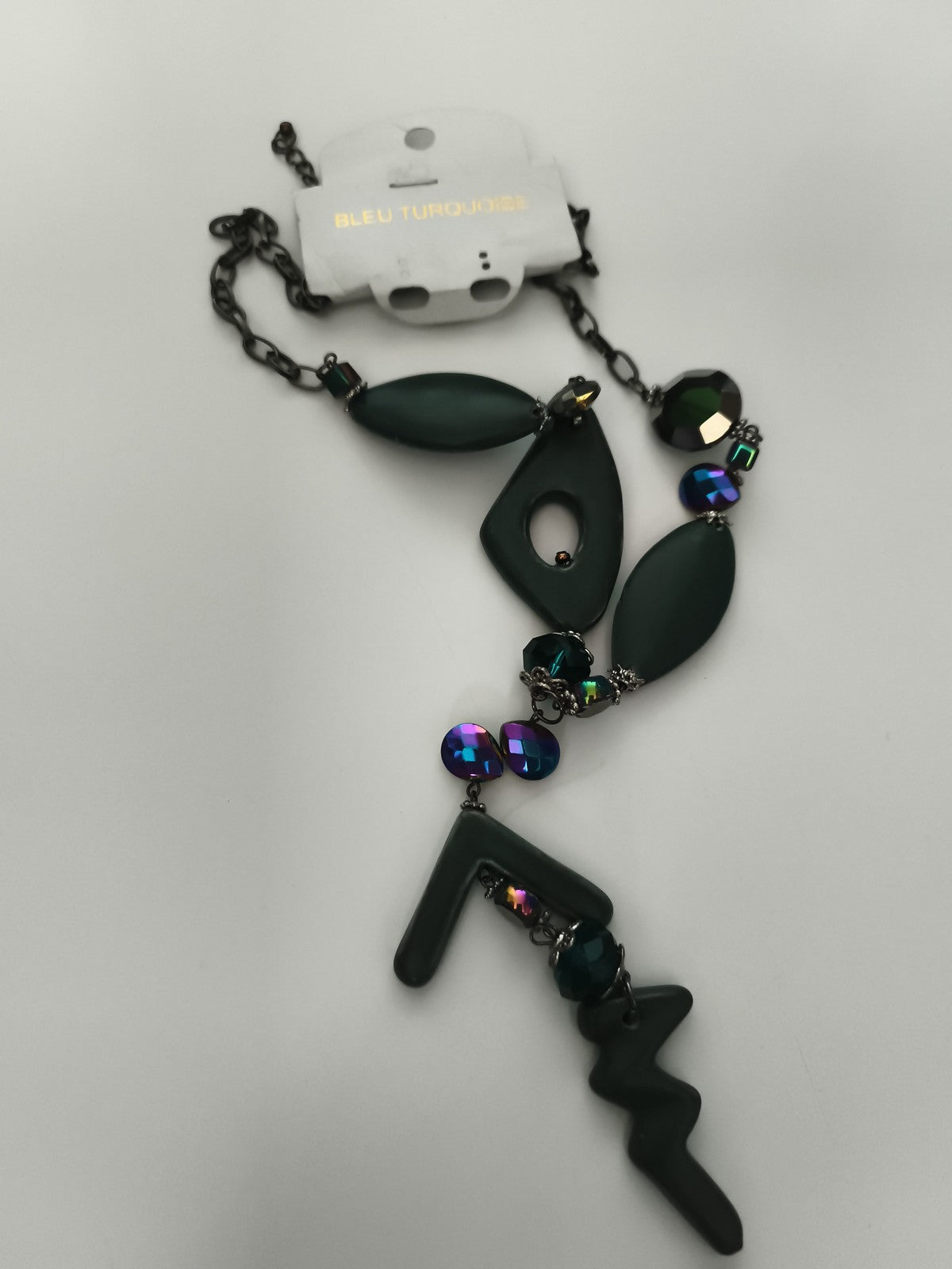 Collier pendentif fantaisie Bleu Turquoise vintage, formes géométriques, noir