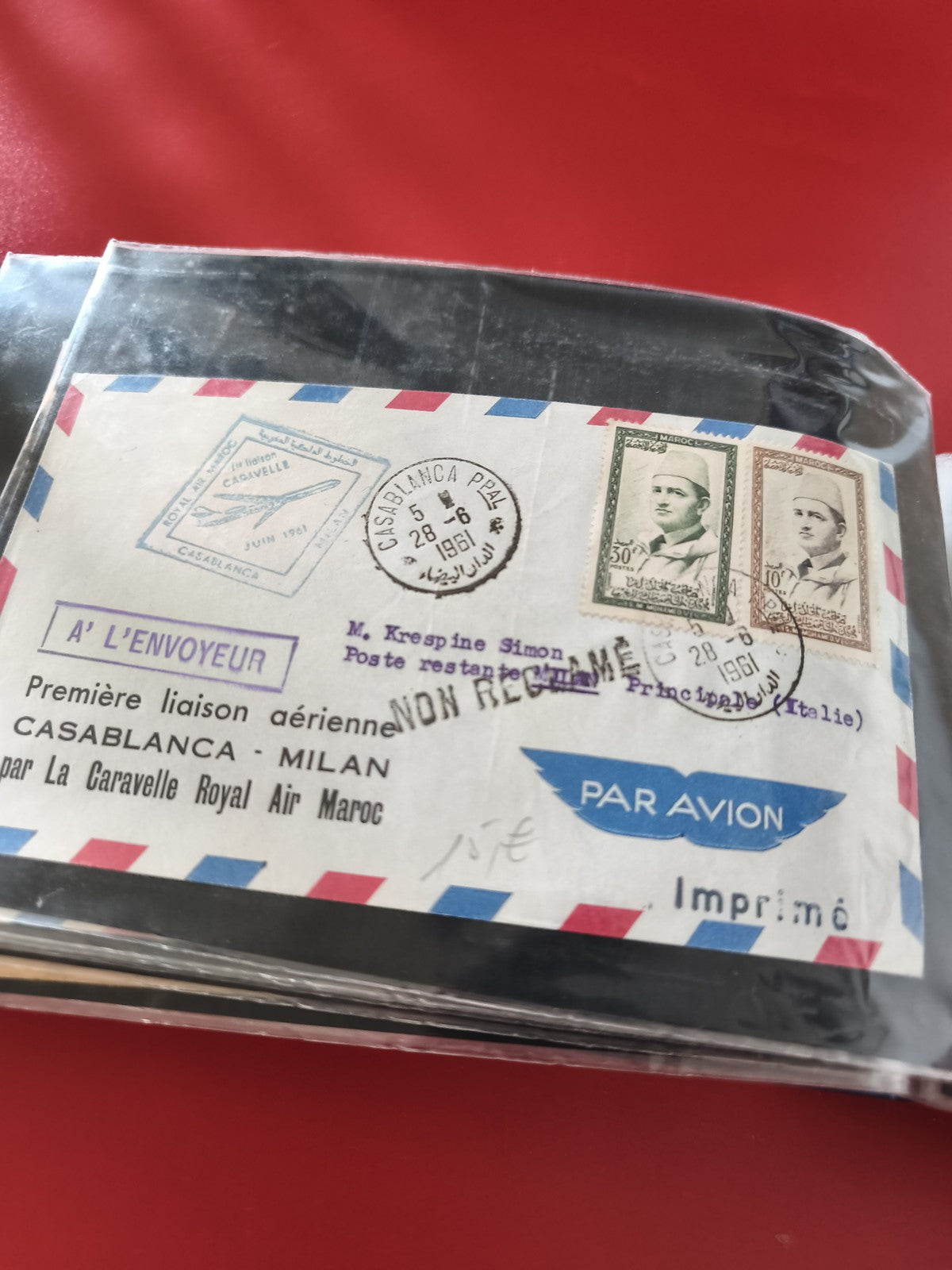 Ancienne enveloppe oblitérée 1961 Casablanca Milan Air Mail timbres Maroc philat