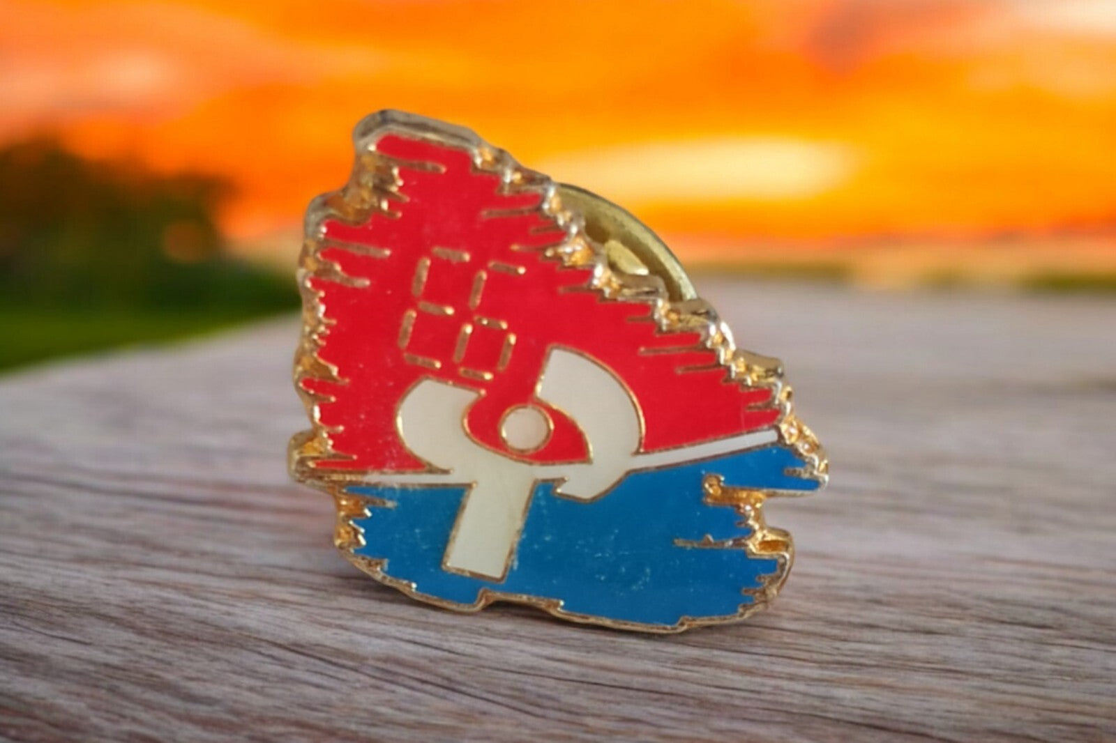 Pin's vintage émaillé rouge bleu logo stylisé années 80-90 badge ancien