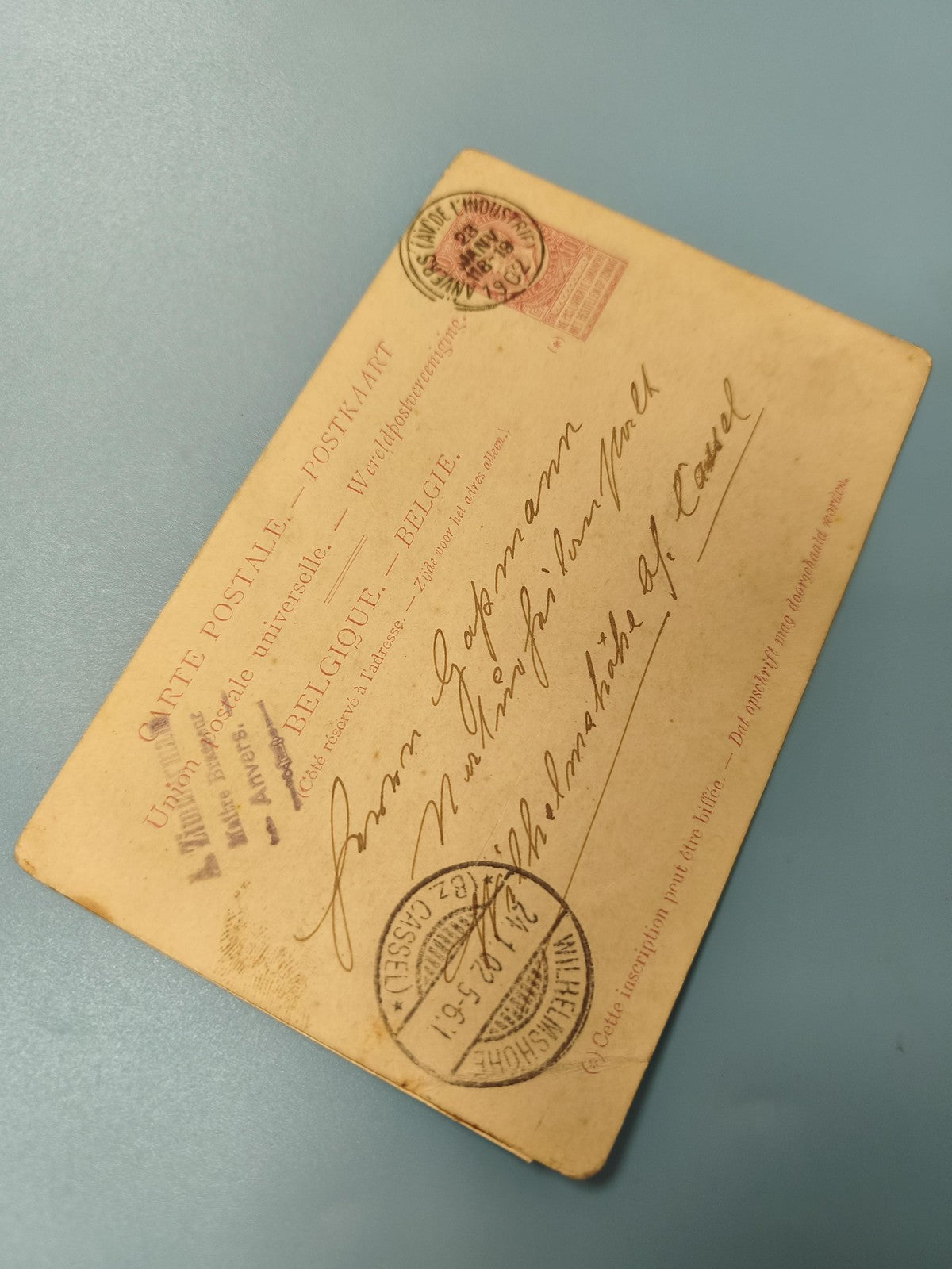 Ancienne carte postale Belgique début XXe, philatélie, cachets visibles (Ref 5)
