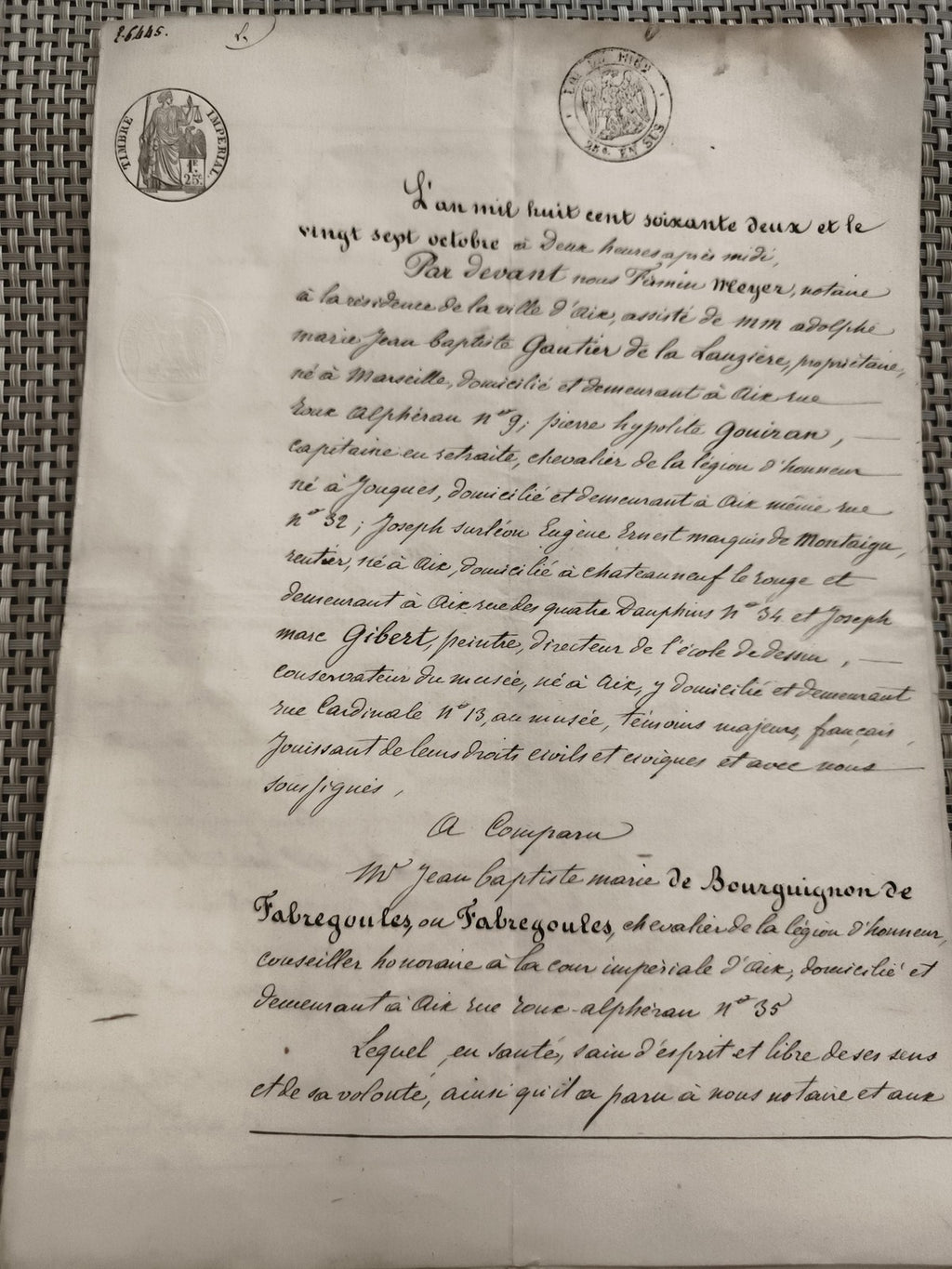 Ancien acte notarié vente manuscrit 1858 cachet Timbre Impérial document
