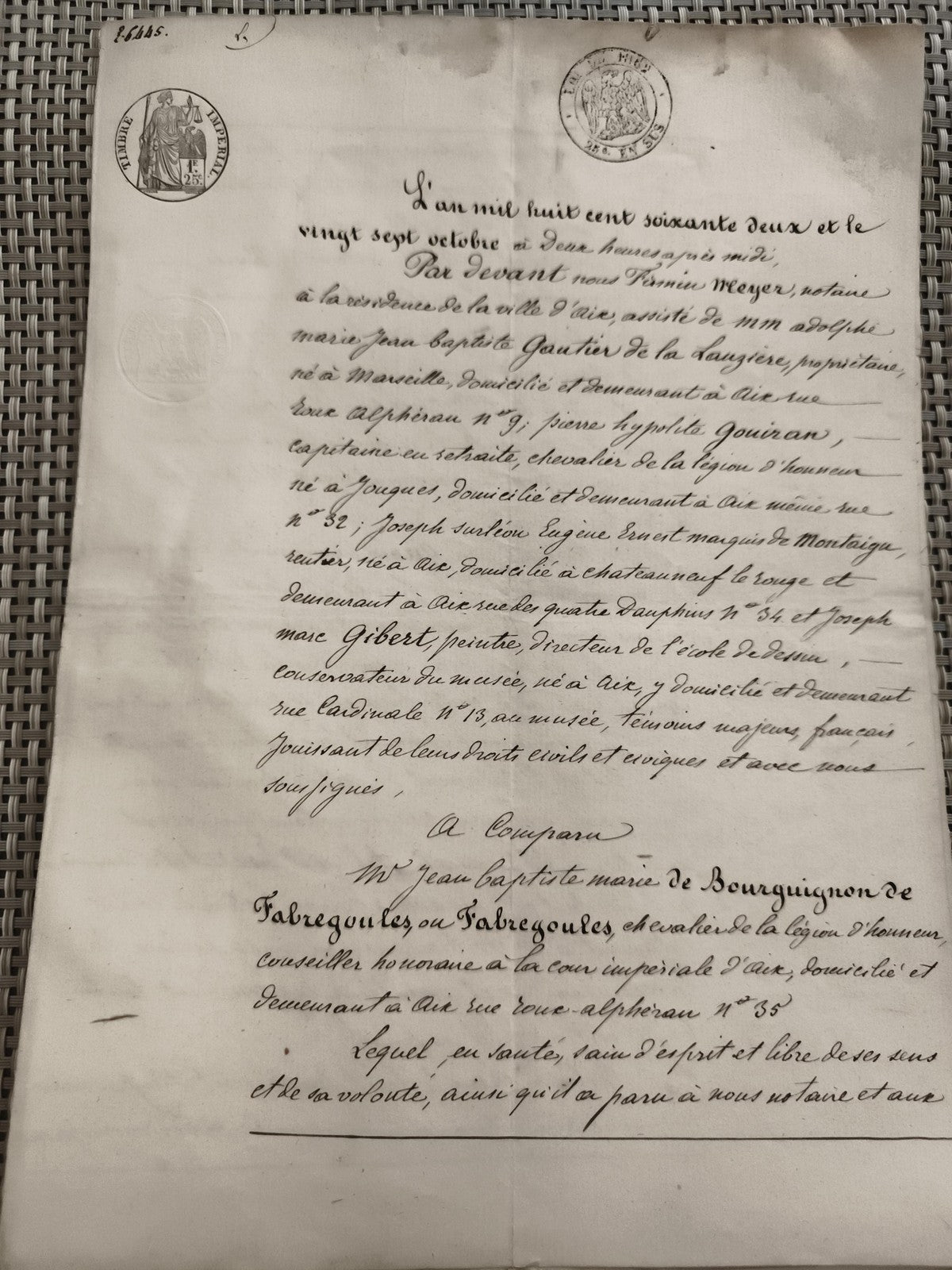 Ancien acte notarié vente manuscrit 1858 cachet Timbre Impérial document