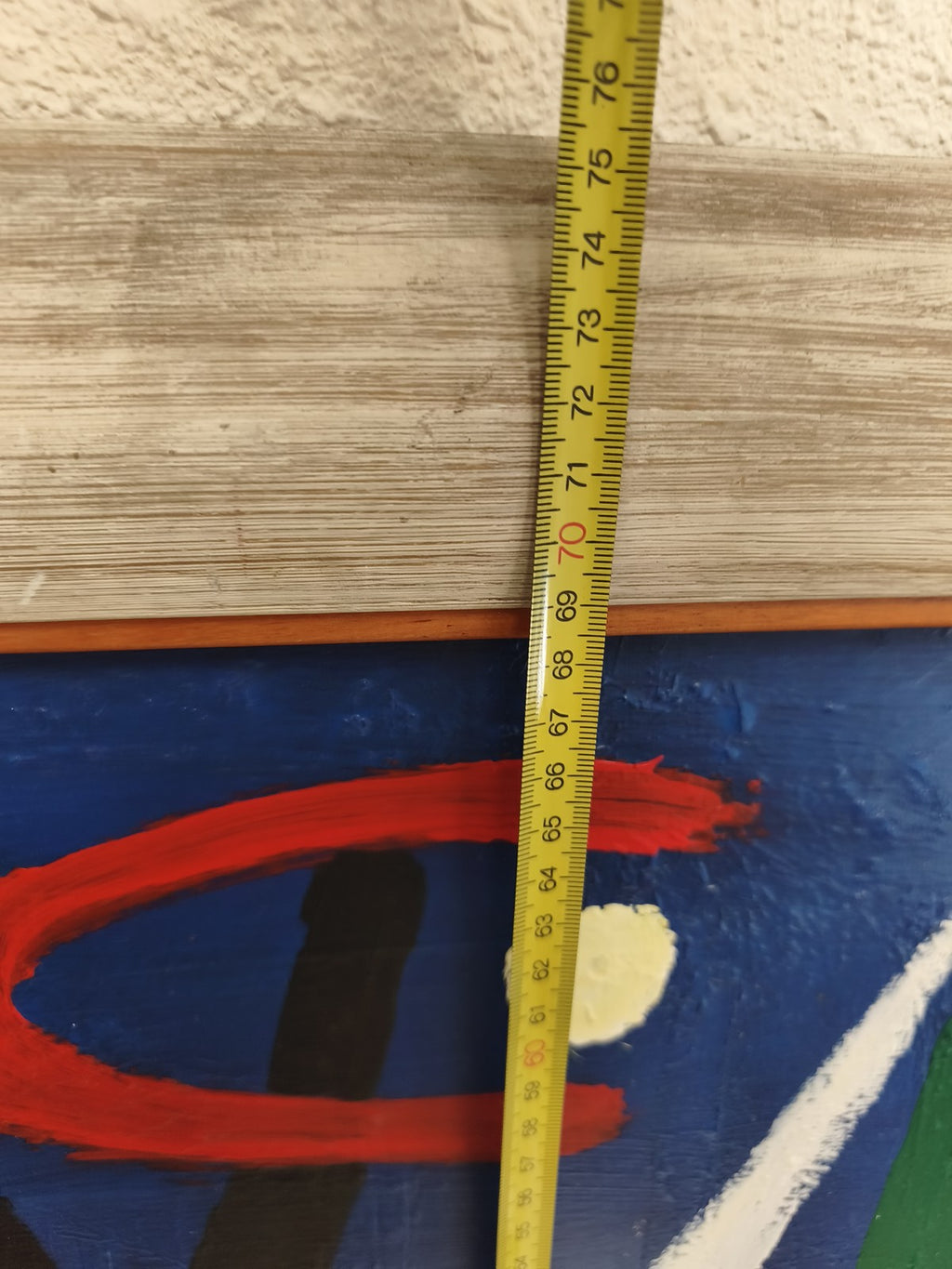 Tableau abstrait ancien signé OA peinture bleu rouge jaune encadré vintage