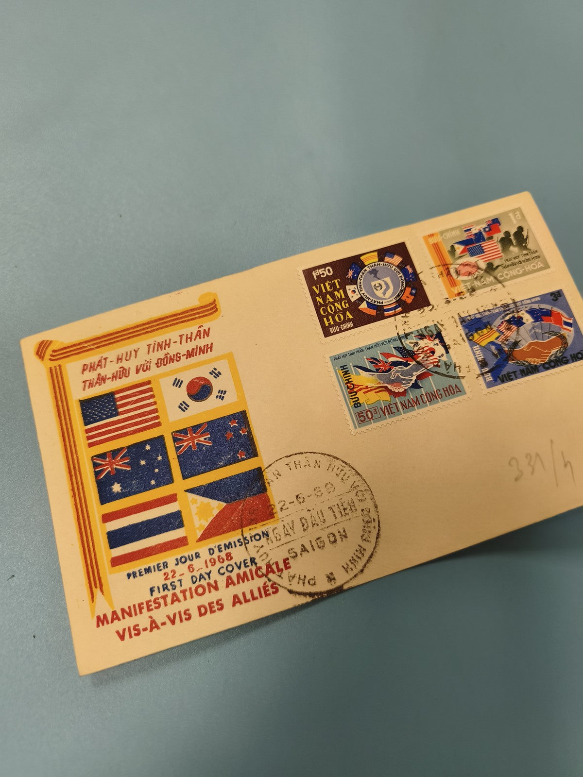 Ancienne enveloppe FDC Vietnam 1968 Manifestation Alliée timbres drapeaux