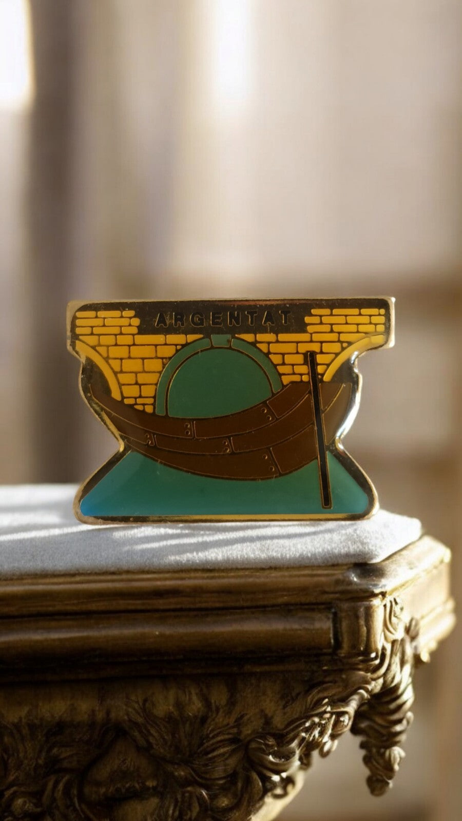 Vintage ARGENTAT pin, bridge and barge enamel design, old badge, collectible