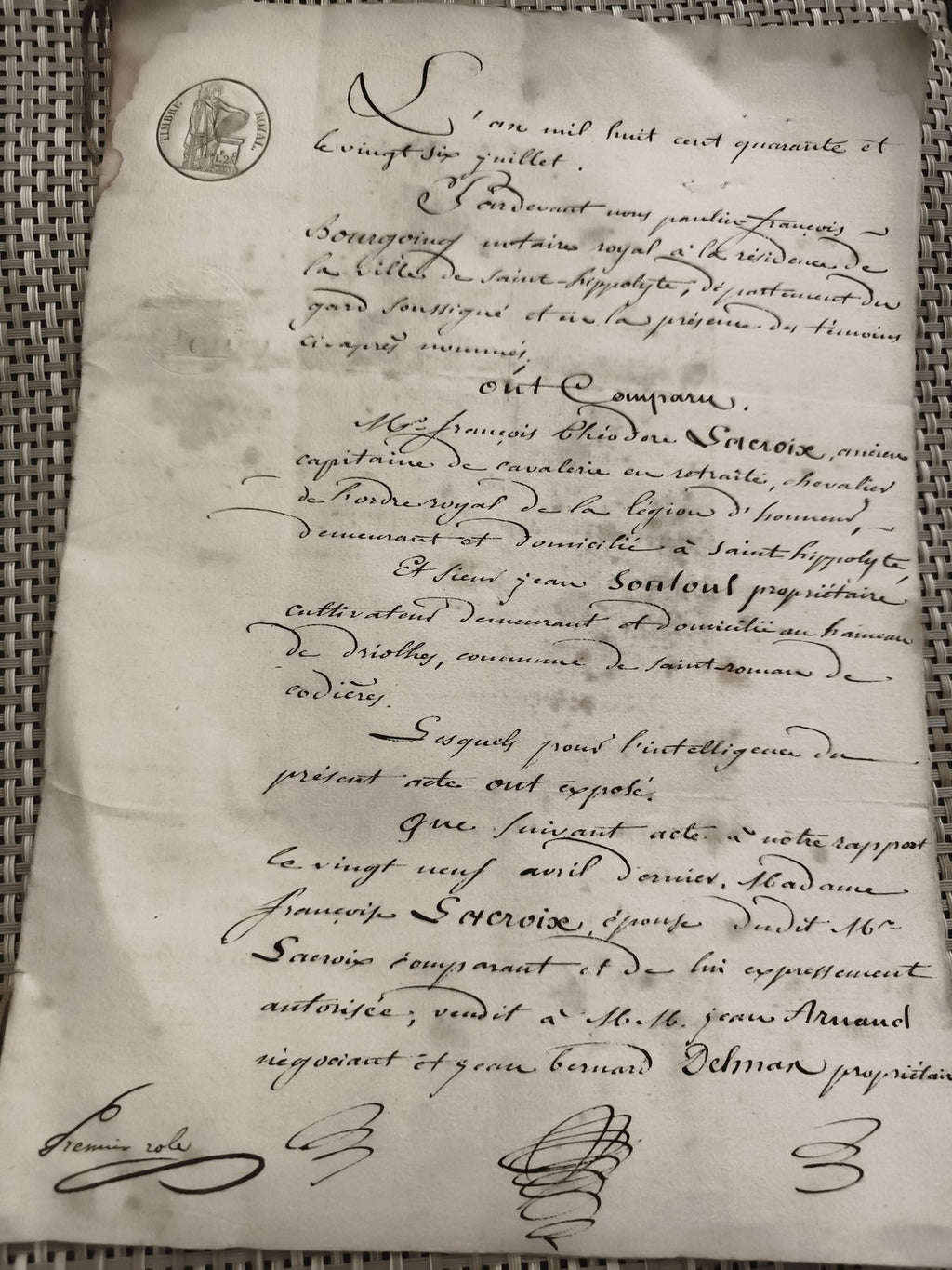 Acte notarié manuscrit ancien vente XIXe siècle cachet justice France