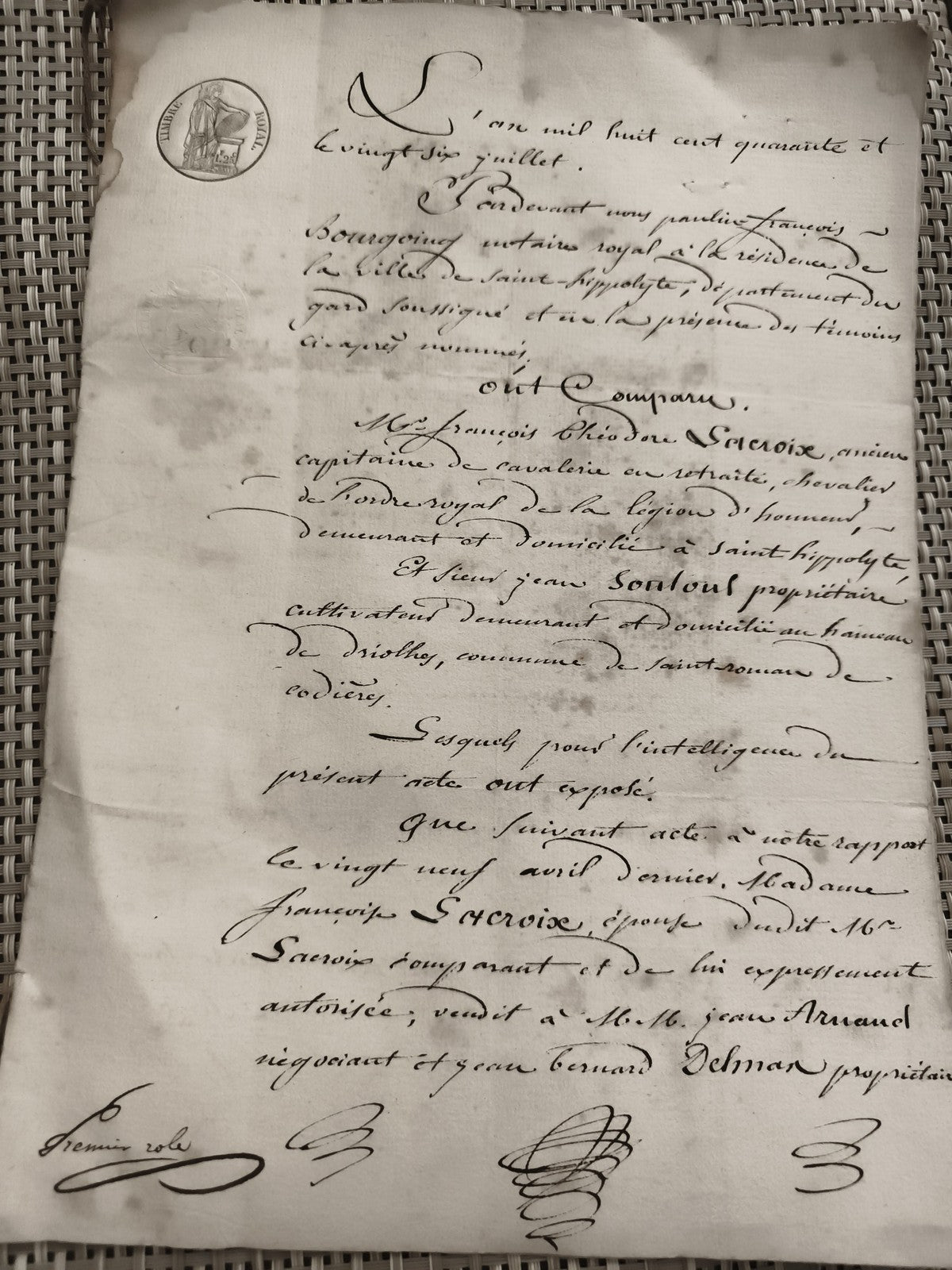 Acte notarié manuscrit ancien vente XIXe siècle cachet justice France