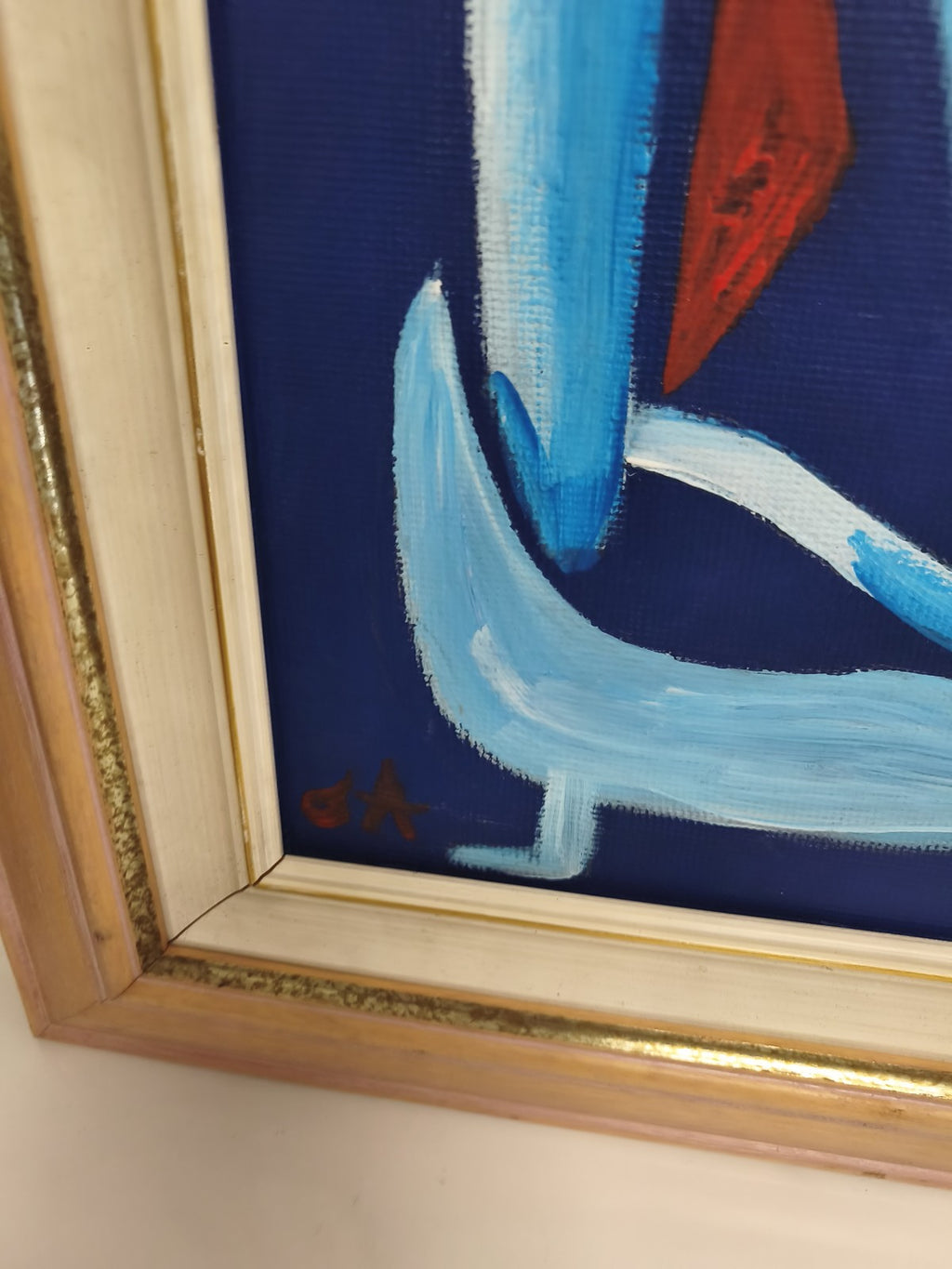 Tableau ancien abstrait bleu signé cadre bois doré peinture à venir récupérer