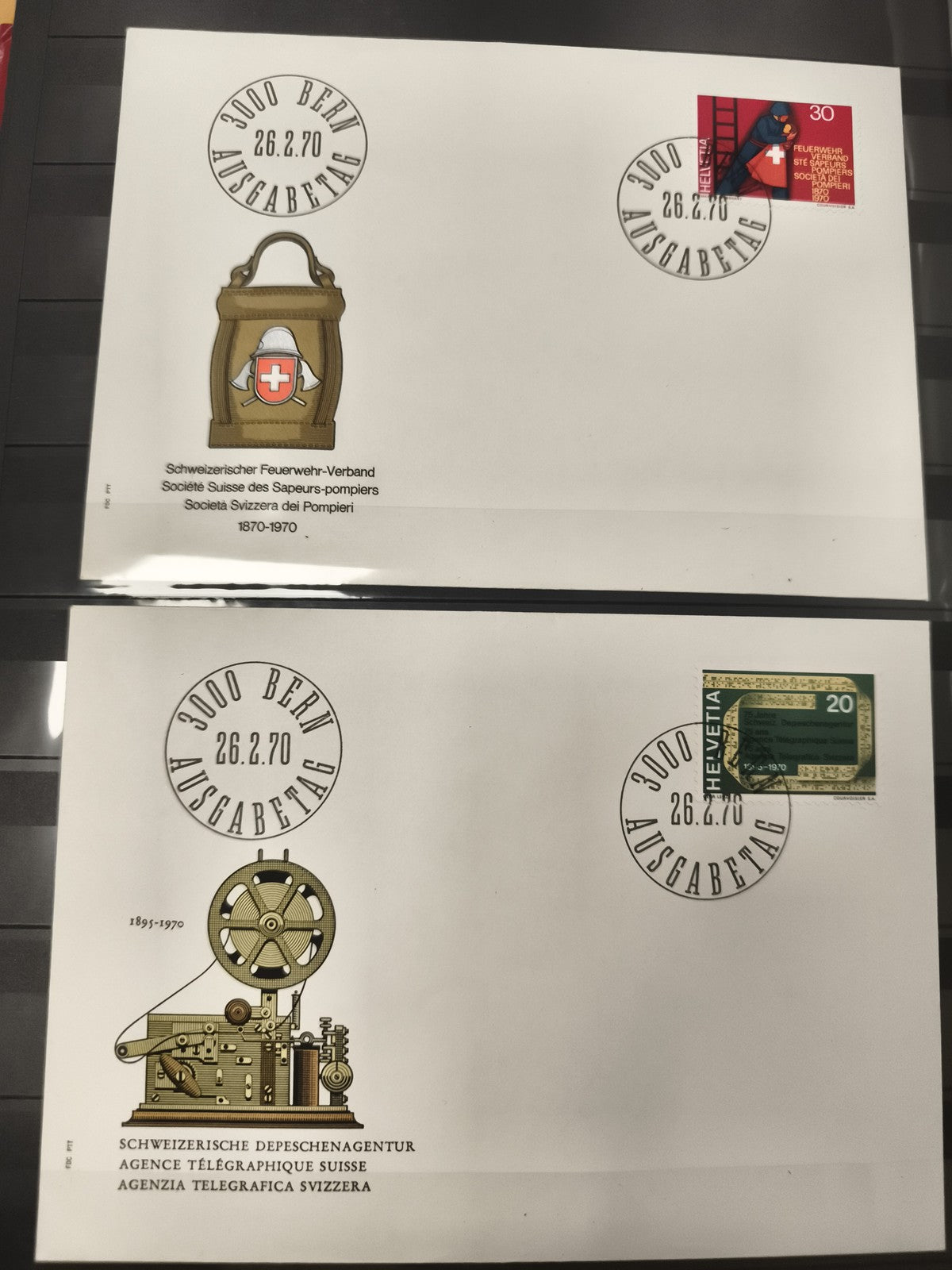 Enveloppes Premier Jour Suisse 1970 Bern, Sapeurs-pompiers et Télégraphe, timbre