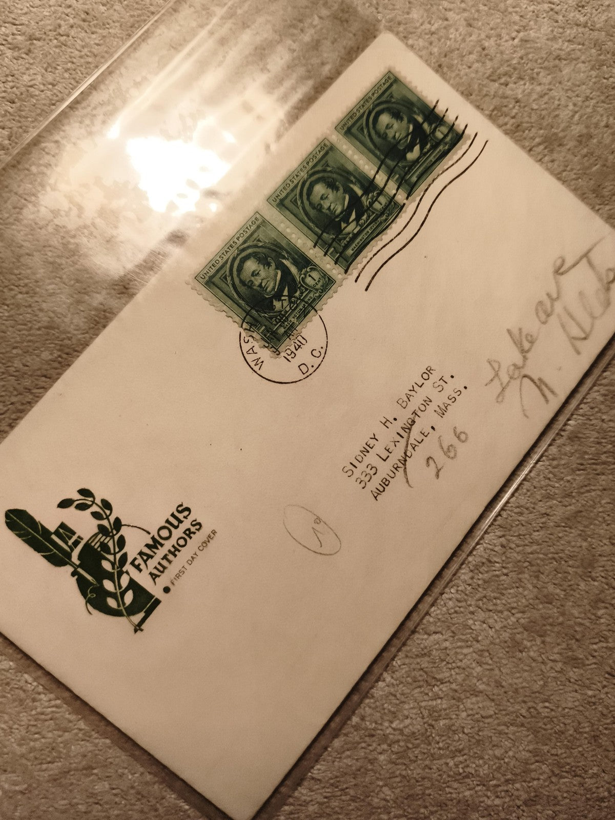 Lettre premier jour Famous Authors USA 1940, 3 timbres verts philatélie (Ref 11)