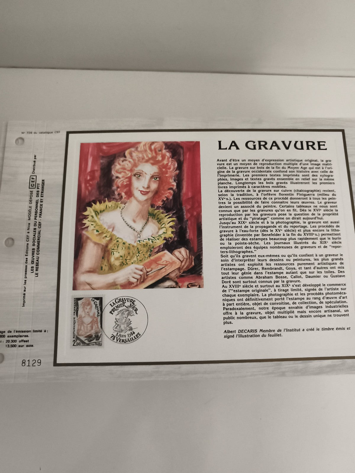 Feuillet CEF philatélie La Gravure 1984 timbre 2F Versailles illustration Decari