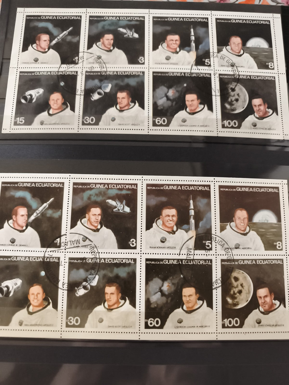 Feuilles timbres anciens Guinée Équatoriale astronautes Apollo Gemini oblitérés