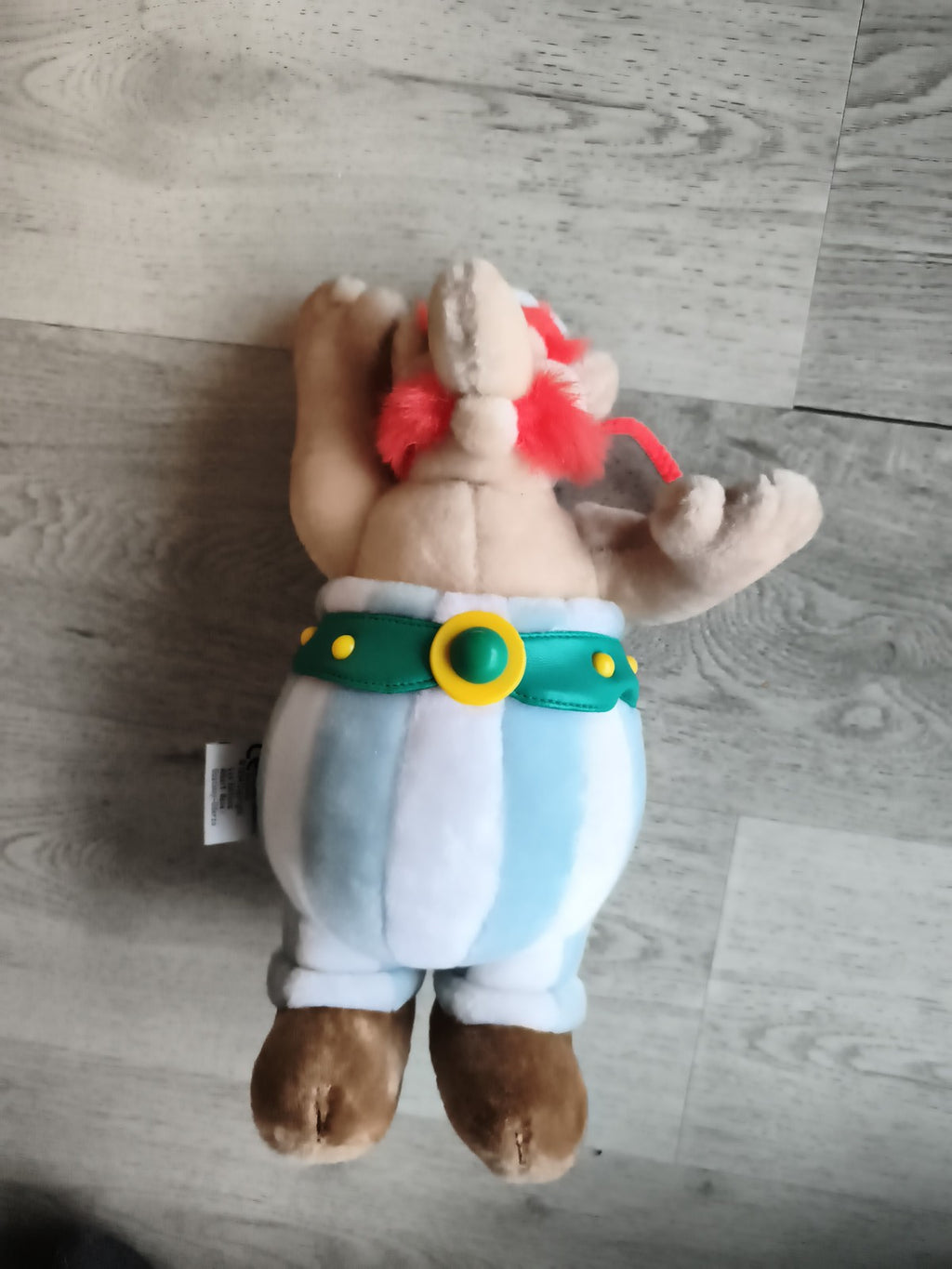 Peluche Obélix vintage Parc Astérix doudou bleu blanc rayé Gaulois
