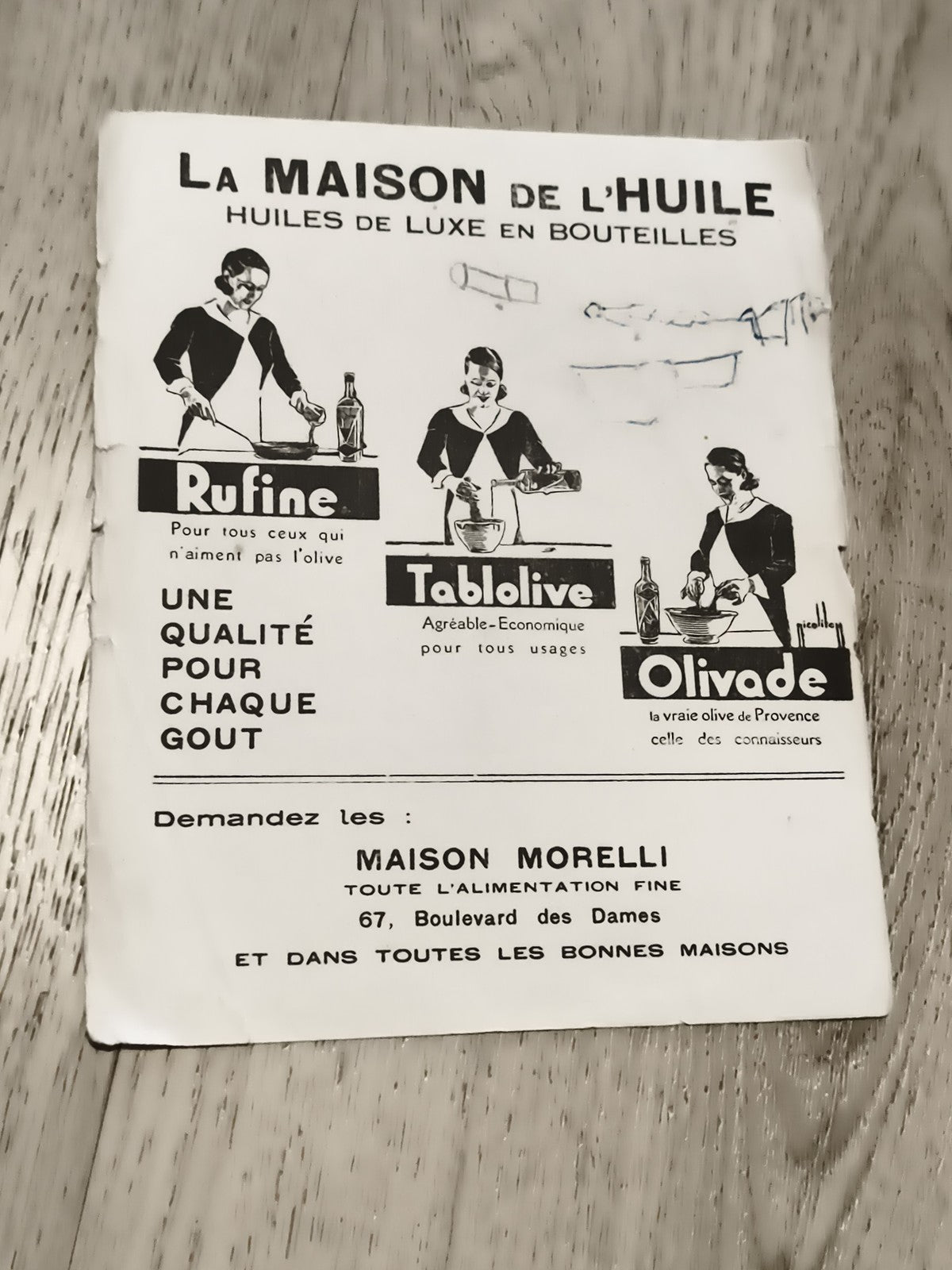 Publicité ancienne Maison Morelli huiles luxe Marseille années 50-60 déco rétro