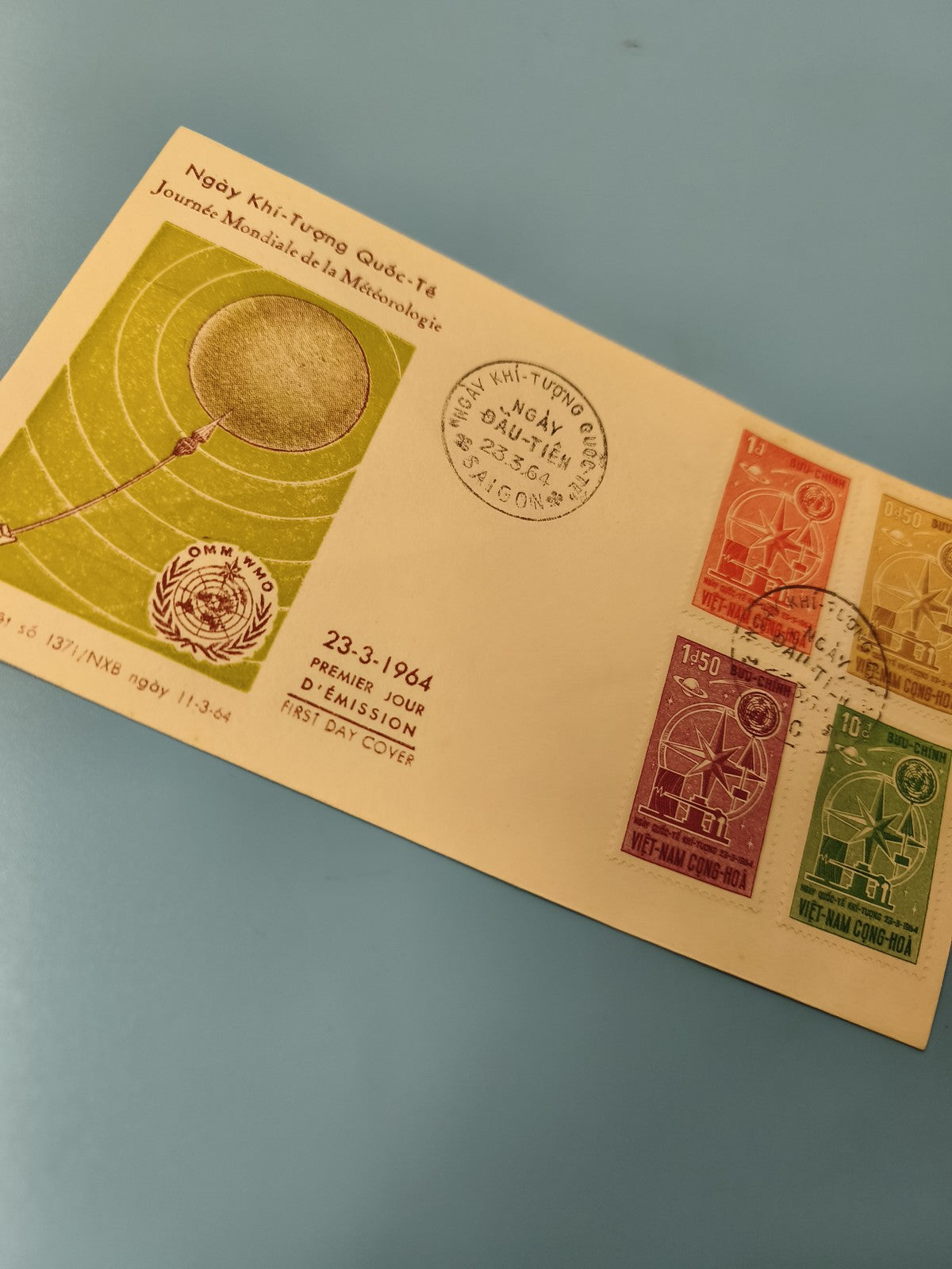 Ancienne enveloppe FDC Vietnam 1964 timbres Journée Météorologie illustrée