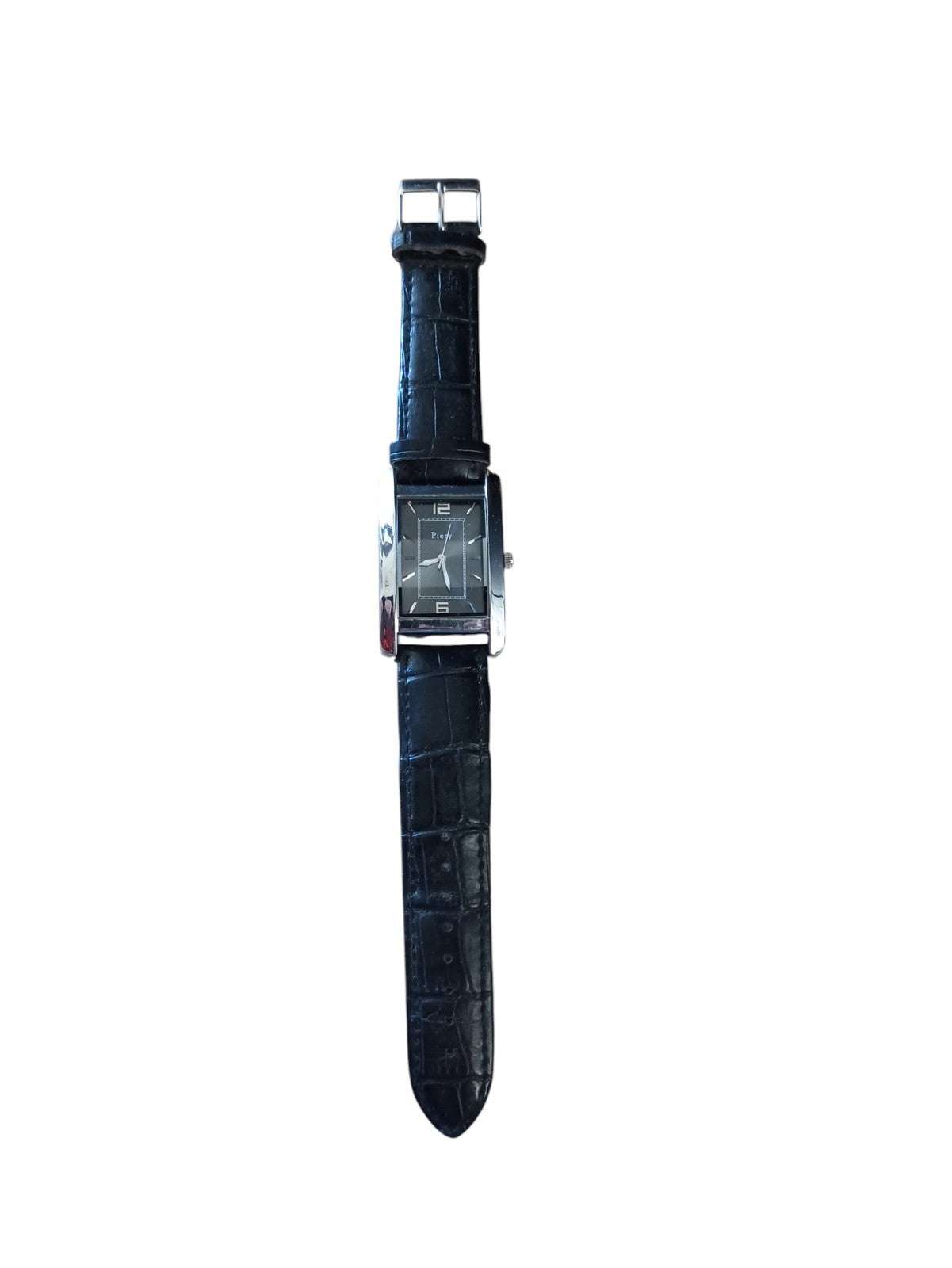 Montre femme Piery vintage rectangulaire noire, style rétro, bracelet façon croc
