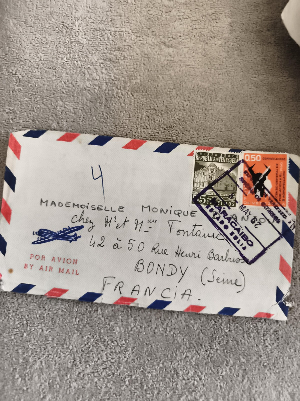 Lettre aérienne affranchie Venezuela timbres 1962 philatélie courrier France