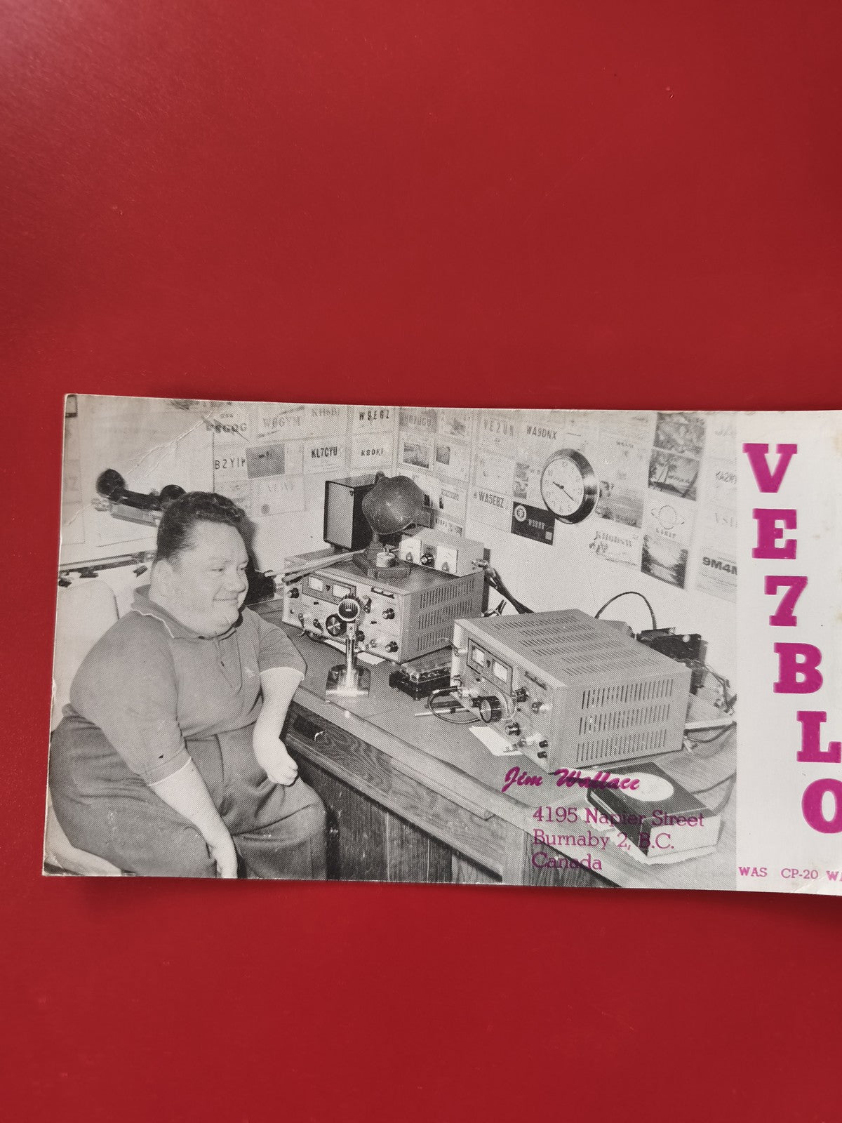 Carte radio QSL VE7BLO radioamateur noir et blanc ? Burnaby Canada