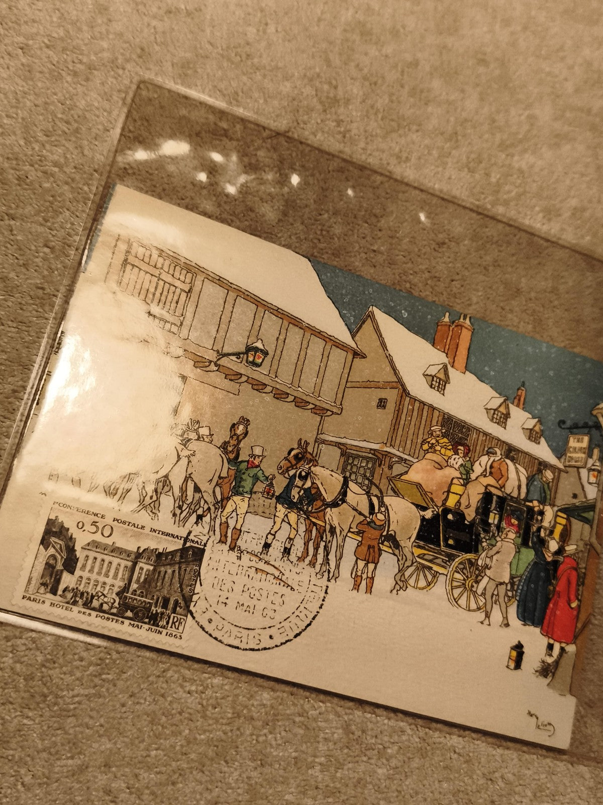 Carte postale illustrée timbrée Paris 1965, scène hiver diligence, philatélie (R